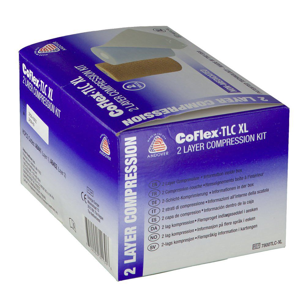 Kit de compression CoFlex TLC XL 2 couches. Emballage avec informations multilingues. Marquage CE.
