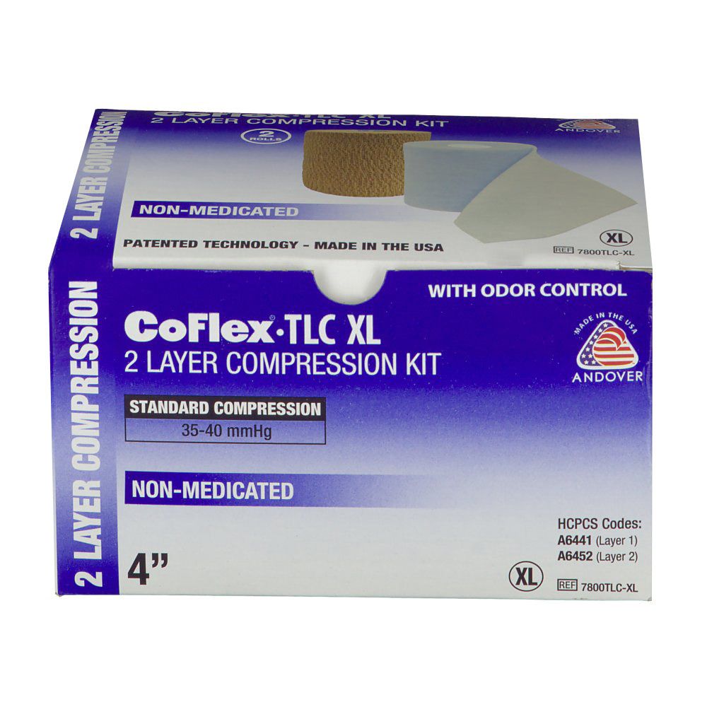 Kit de compression CoFlex TLC XL 2 couches. 4" de large. Compression standard 35-40 mmHg. Non médicamenteux. Contrôle des odeurs.