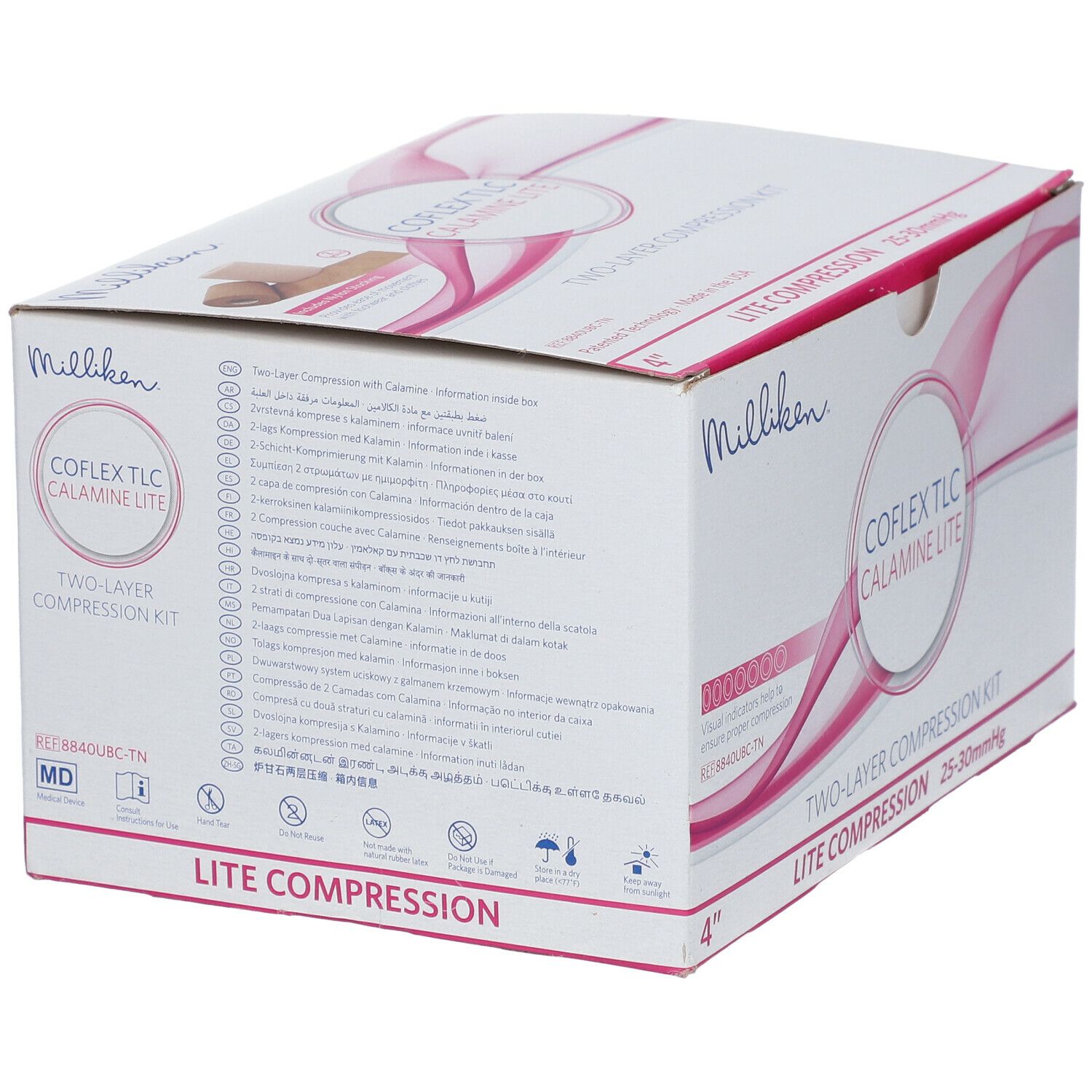 Karton mit Produktinformationen. Aufschrift: CoFlex TLC Calamine Lite, 2-Schicht-Kompimierung, 25-30 mmHg. Marke: Milliken. Text in mehreren Sprachen.