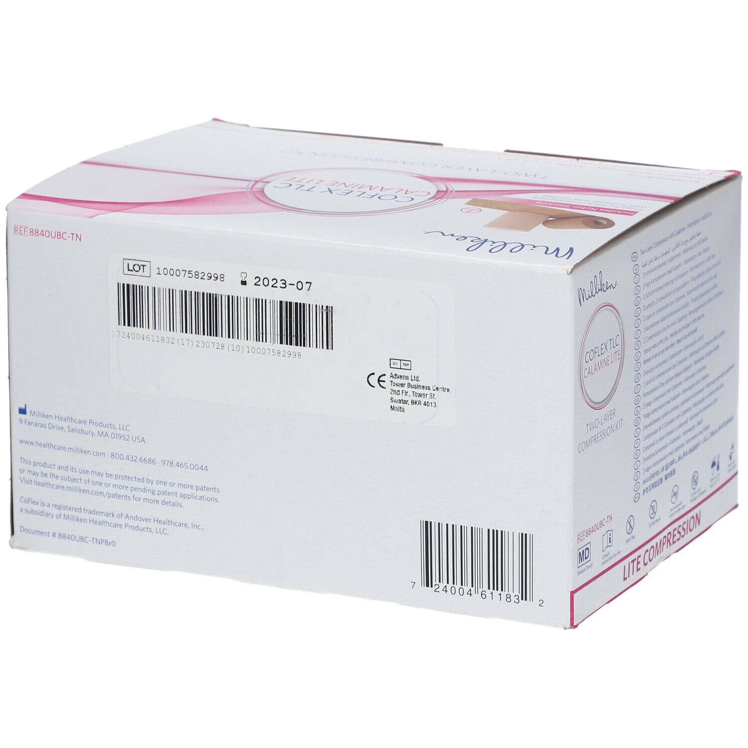 Karton mit Produktinformationen. Aufschrift: CoFlex TLC Calamine Lite. Barcode und Chargennummer. Marke: Milliken. CE-Kennzeichnung.