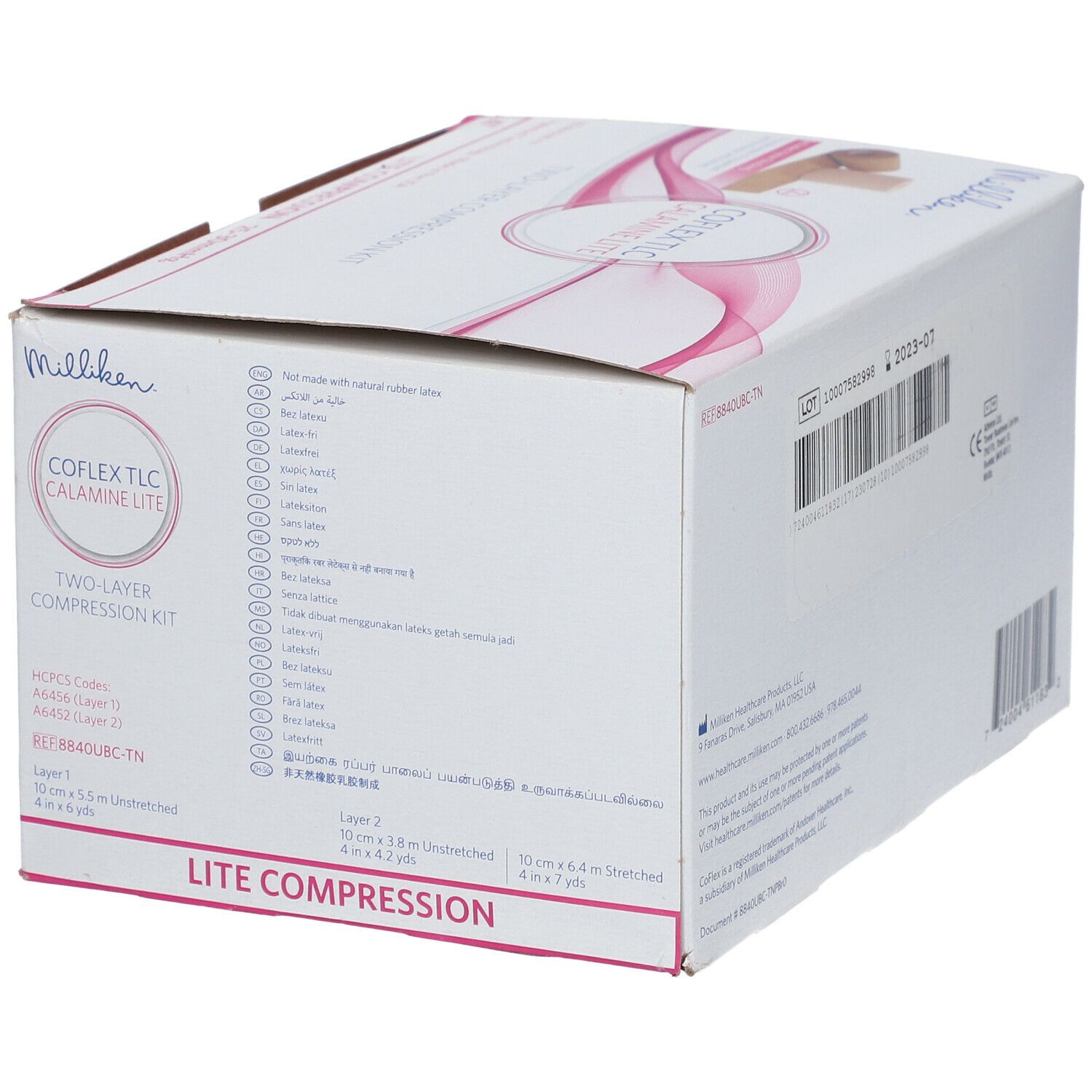Karton mit Produktinformationen. Aufschrift: CoFlex TLC Calamine Lite, 2-Schicht-Kompimierung. Marke: Milliken. Chargennummer und Größenangaben.
