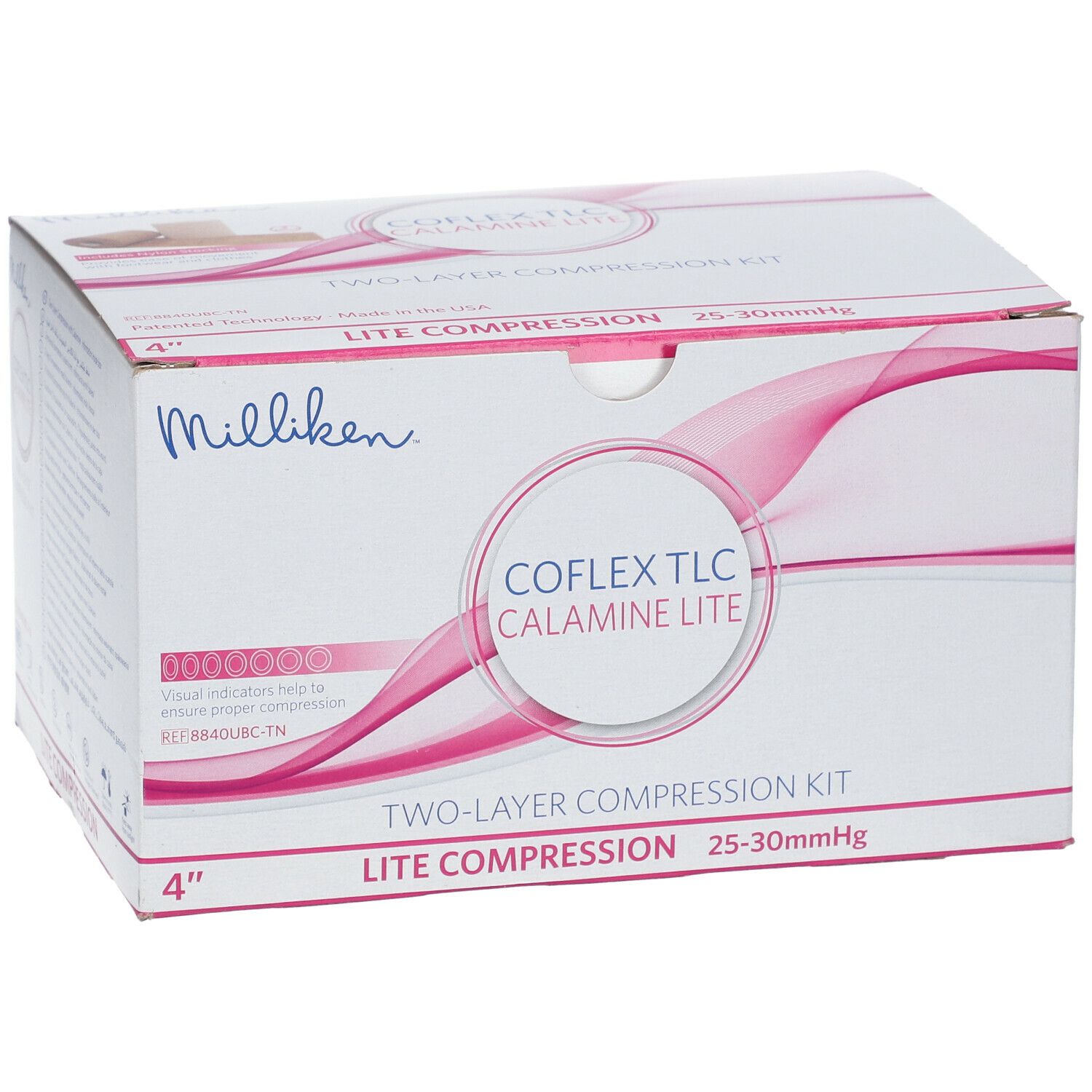 Karton mit Produktinformationen. Aufschrift: CoFlex TLC Calamine Lite, 2-Schicht-Kompimierung, 25-30 mmHg. Marke: Milliken. 4 Zoll.