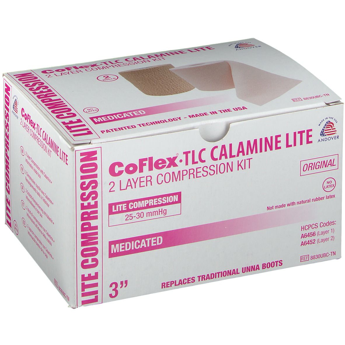 Boîte de kit de compression CoFlex-TLC Calamine Lite. Bandages roses et beiges. Texte : 25-30 mmHg, médicamenteux, 3".