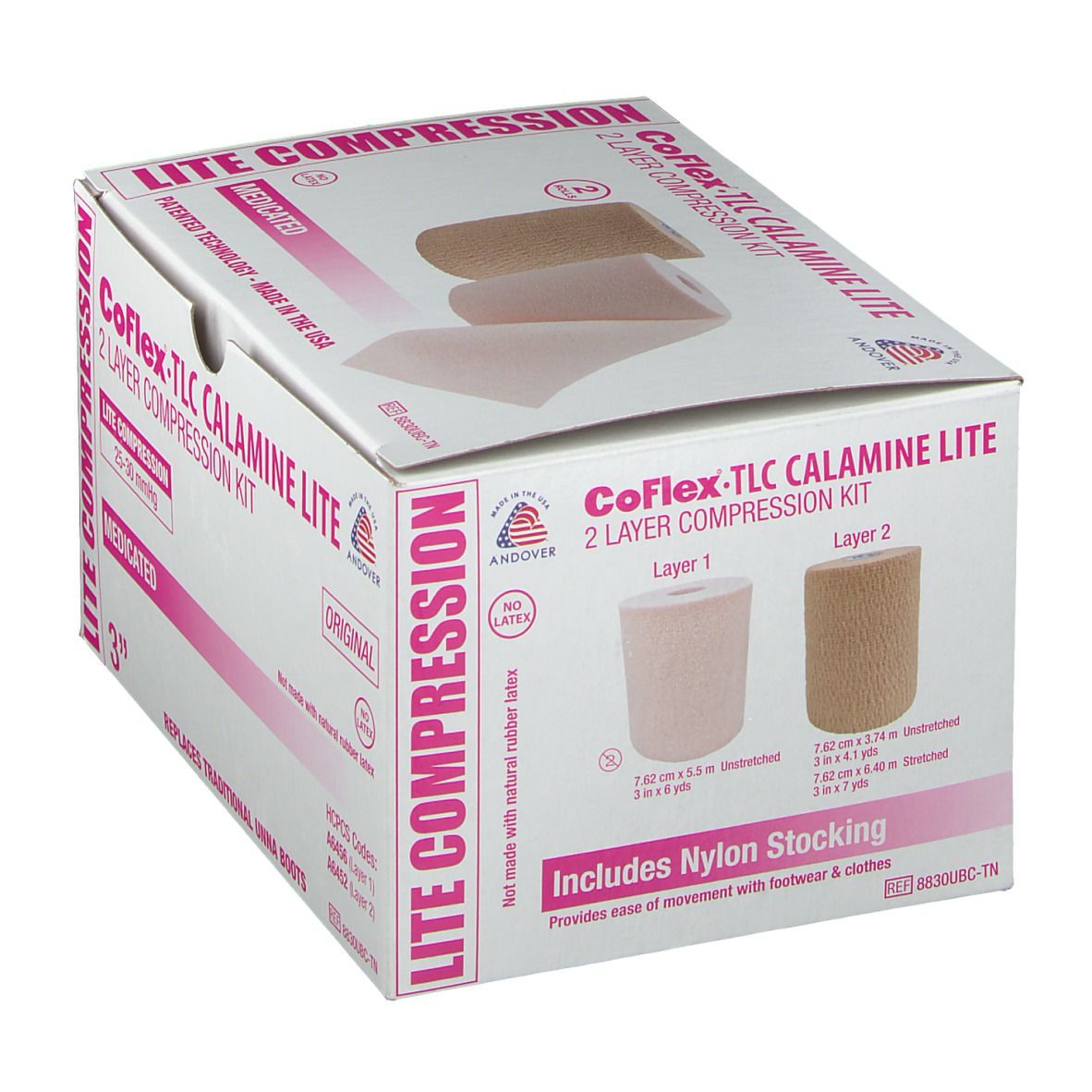 Boîte de kit de compression CoFlex-TLC Calamine Lite. Comprend un bas en nylon. Bandages roses et beiges. Texte : 25-30 mmHg.