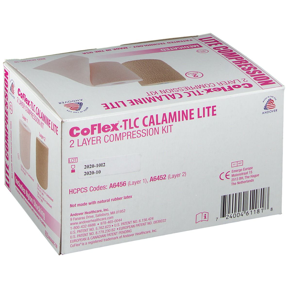 Boîte de kit de compression CoFlex-TLC Calamine Lite. Bandages roses et beiges. Texte : 25-30 mmHg, Codes HCPCS A6456, A6452.