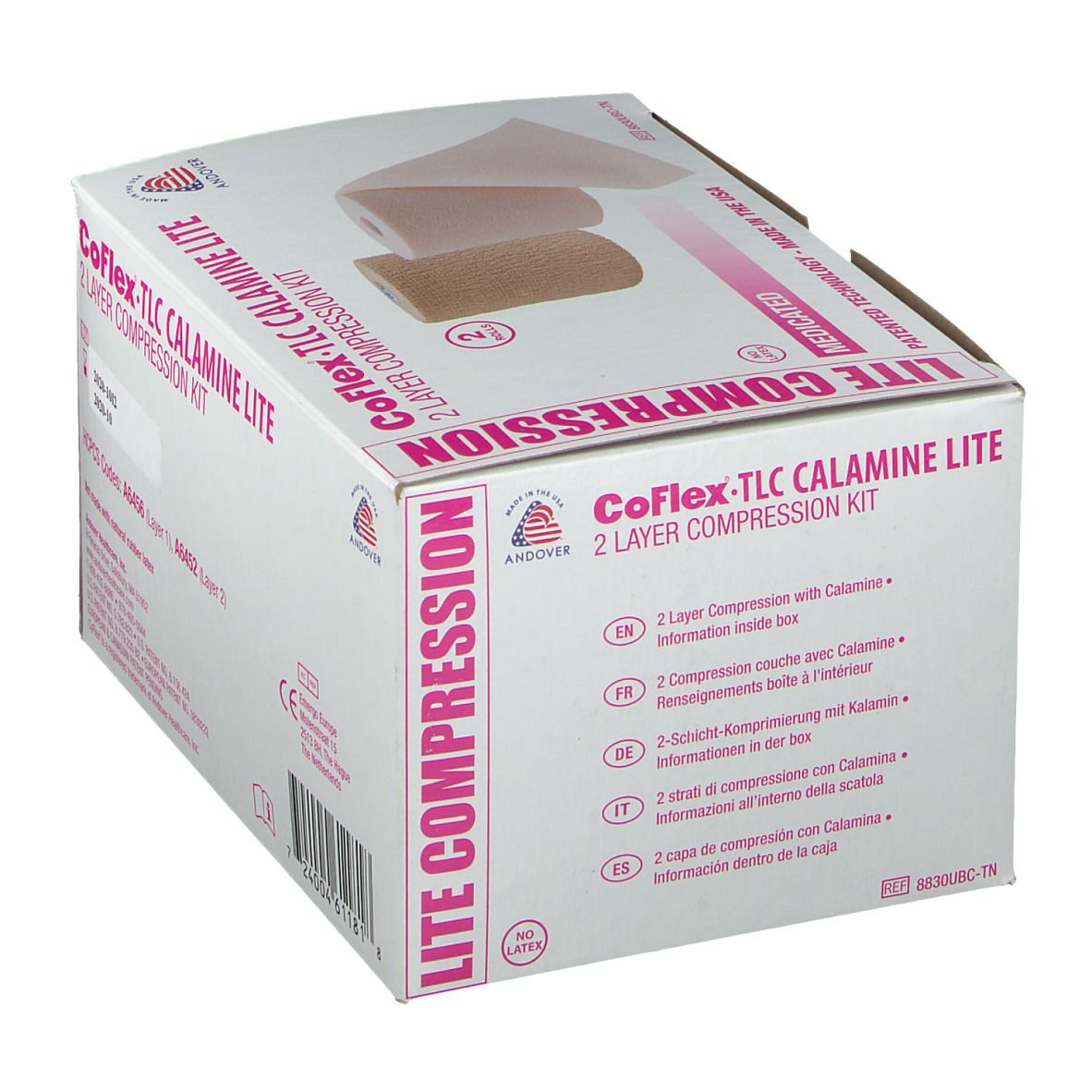 Boîte de kit de compression CoFlex-TLC Calamine Lite. Bandages roses et beiges. Texte : 25-30 mmHg, informations dans la boîte.