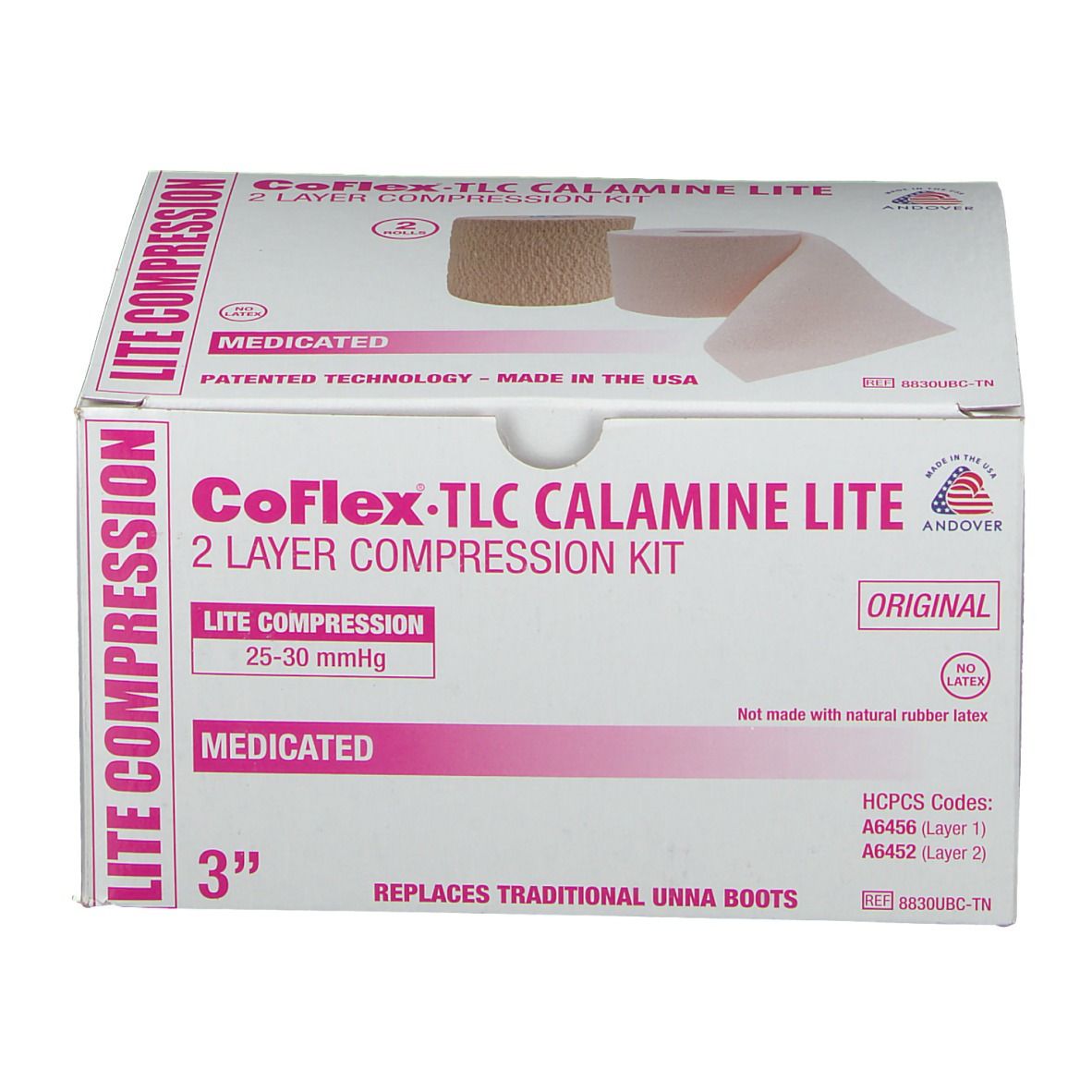 Boîte de kit de compression CoFlex-TLC Calamine Lite. Bandages roses et beiges. Texte : 25-30 mmHg, médicamenteux, 3". Remplace les bottes d'Unna.