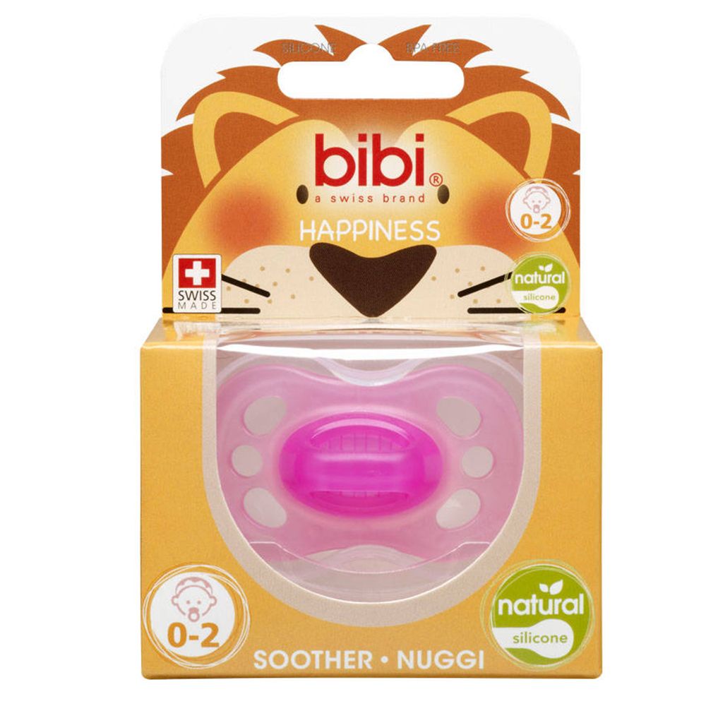 Verpackung mit rosa Schnuller. Marke: bibi, Happiness, 0-2 Monate. Mit Löwen-Illustration.