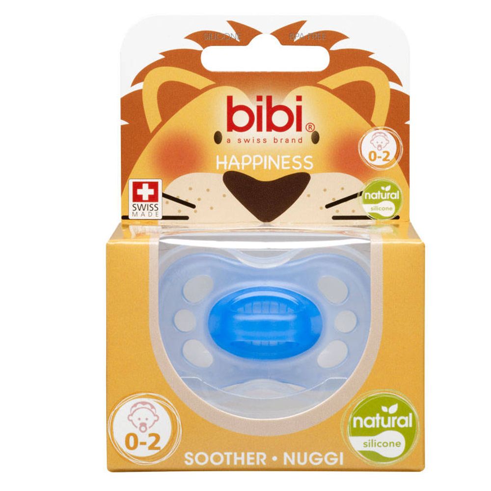 Verpackung mit blauem Schnuller. Marke: bibi, Happiness, 0-2 Monate. Mit Löwen-Illustration.