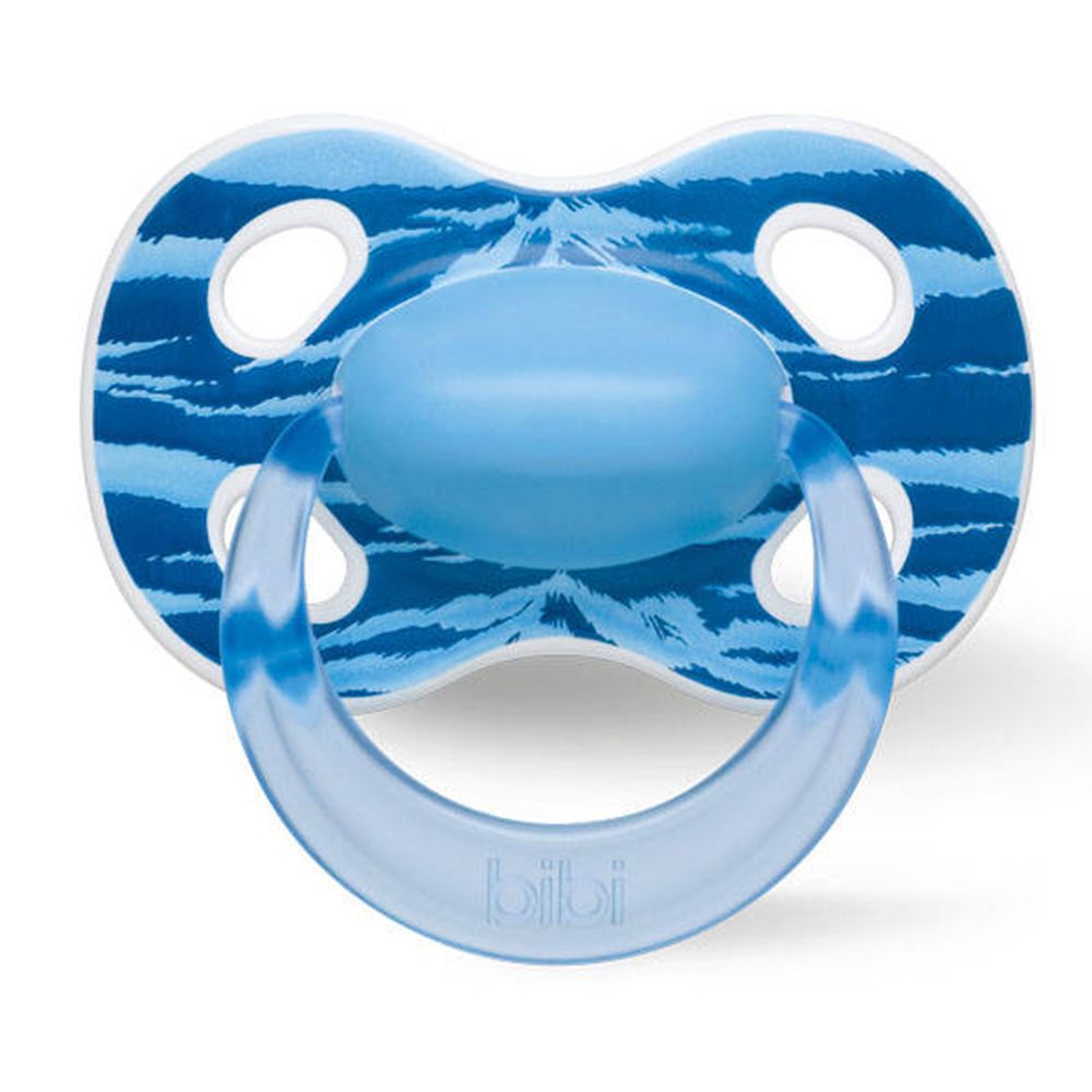 Sucette bleue et motif bleu. Anneau transparent avec inscription "bibi".
