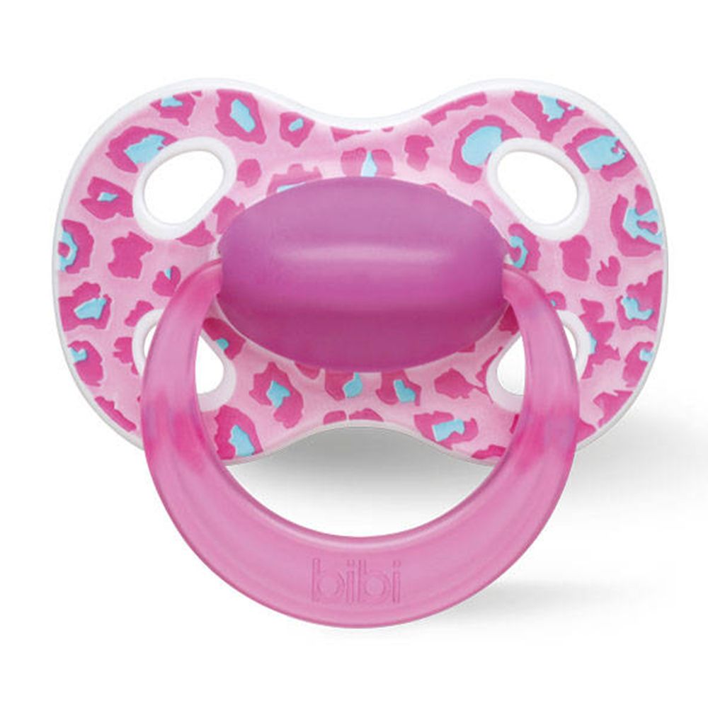 Sucette rose et motif rose-bleu. Anneau transparent avec inscription "bibi".