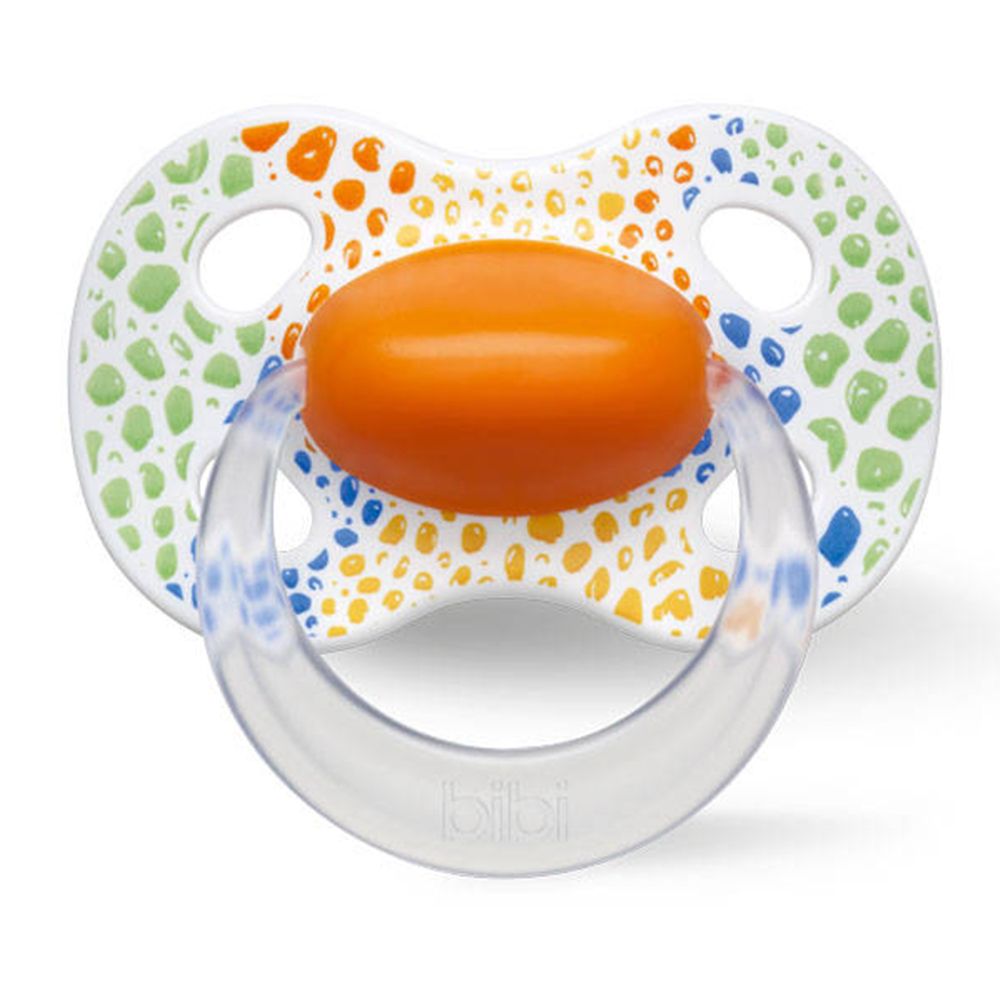 Sucette orange et motif multicolore. Anneau transparent avec inscription "bibi".