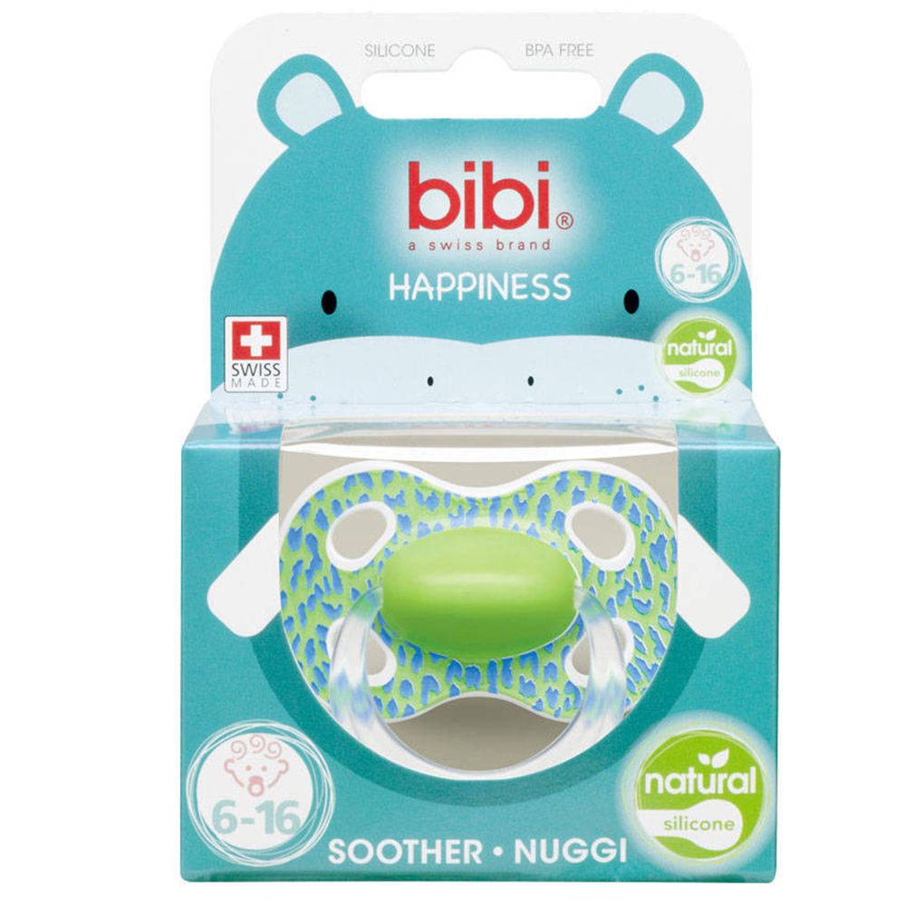Emballage avec sucette. Design bleu avec logo "bibi", "Happiness" et "6-16" mois.