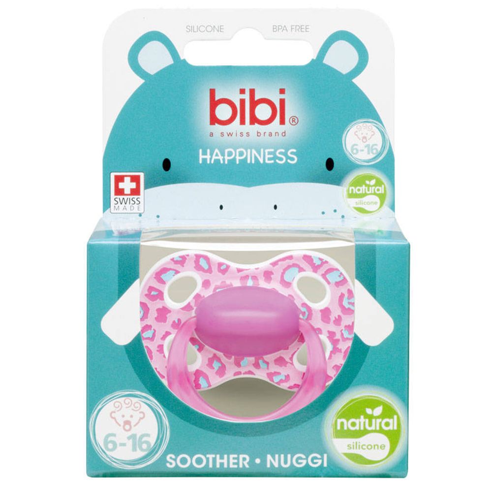 Emballage avec sucette. Design bleu avec logo "bibi", "Happiness" et "6-16" mois.