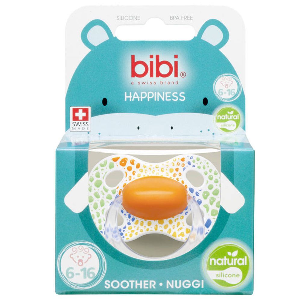 Emballage avec sucette. Design bleu avec logo "bibi", "Happiness" et "6-16" mois.