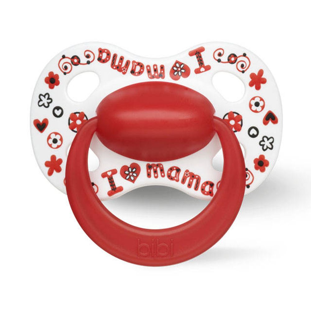 Weißer Schnuller mit rotem Sauger und Ring. Auf dem Schild steht "I mama" mit roten Herzen und Blumen. Marke: bibi.