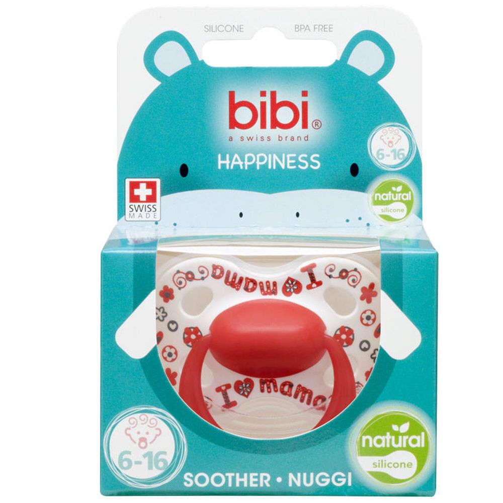Verpackung mit Schnuller. Marke: bibi. Auf der Verpackung steht "Happiness" und "6-16". Schweizer Kreuz. Natürliches Silikon.