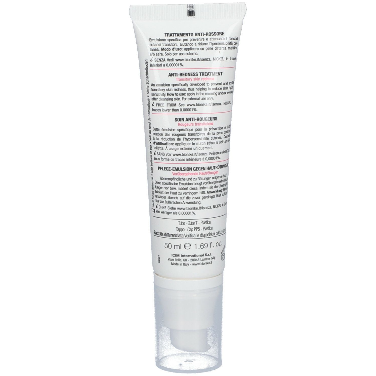 Rückseite der Tube. Text: Anti-Rötungen Behandlung, Inhaltsstoffe, Anwendungshinweise. Marke: BioNike. 50 ml.