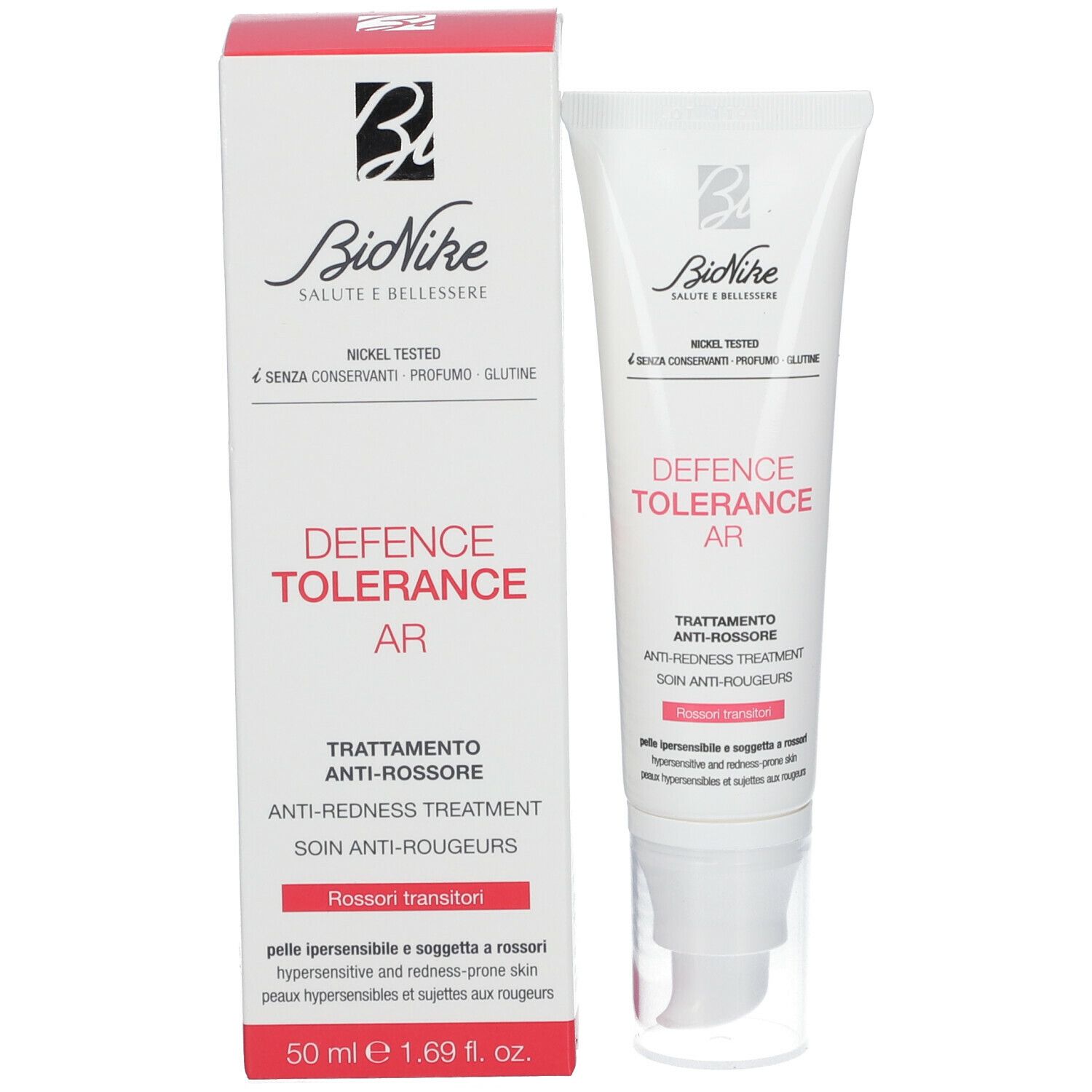 Produkt und Verpackung. Tube und Schachtel. Aufschrift: DEFENCE TOLERANCE AR, Anti-Rötungen Pflege. Marke: BioNike. 50 ml.