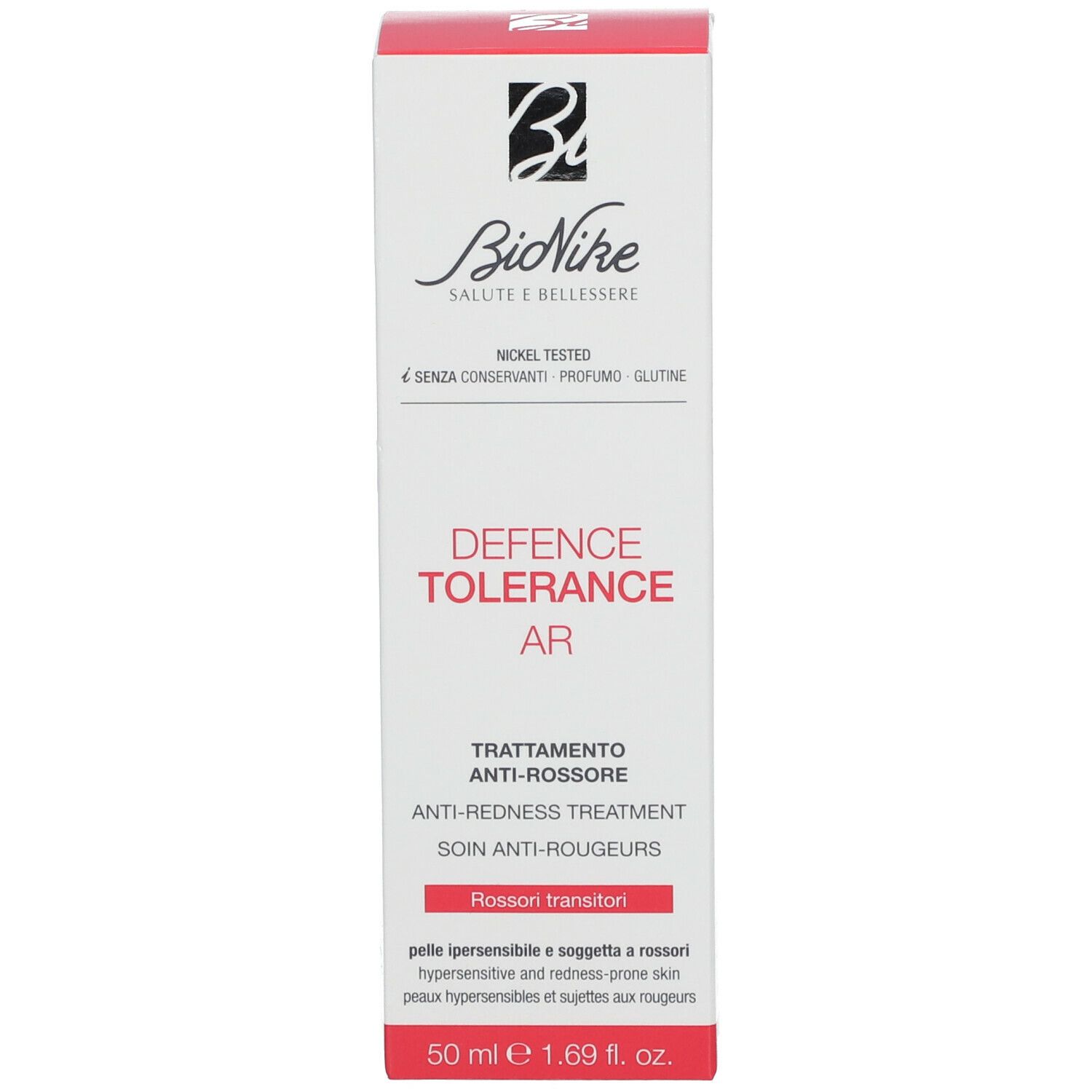 Verpackung. Aufschrift: DEFENCE TOLERANCE AR, Anti-Rötungen Pflege. Marke: BioNike. 50 ml. Text: Behandlung für empfindliche Haut.