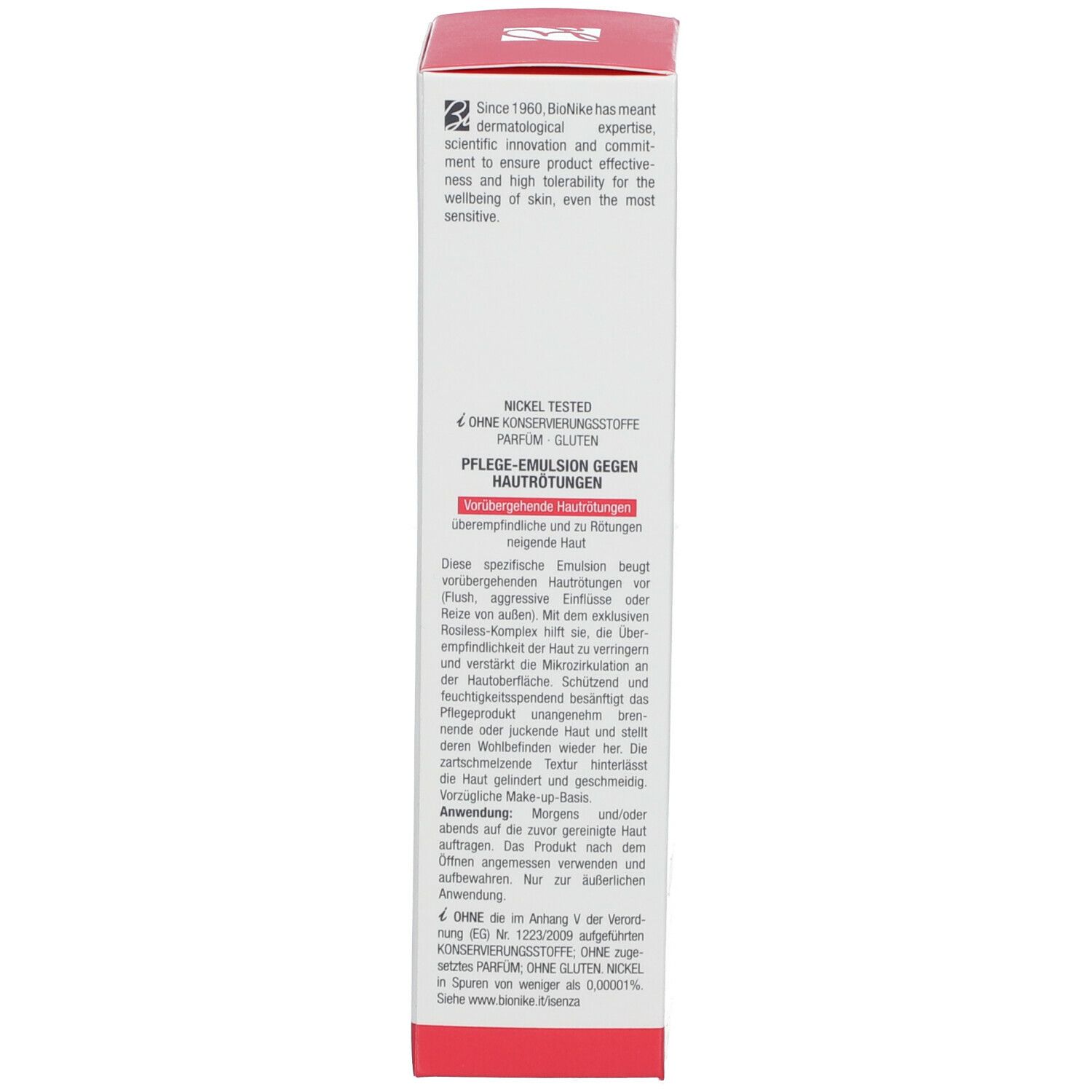 Verpackung. Text: Pflege-Emulsion gegen Hautrötungen. Marke: BioNike. Nickel Tested. Ohne Konservierungsstoffe, Parfum, Gluten.