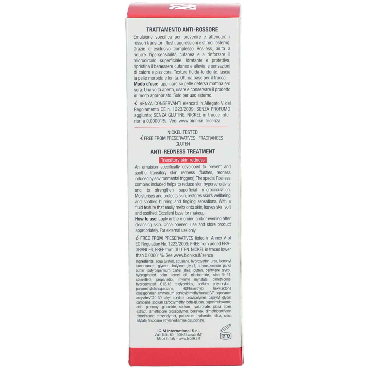Verpackung. Text: Anti-Rötungen Behandlung. Inhaltsstoffe, Anwendungshinweise. Marke: BioNike. Nickel Tested. 50 ml.