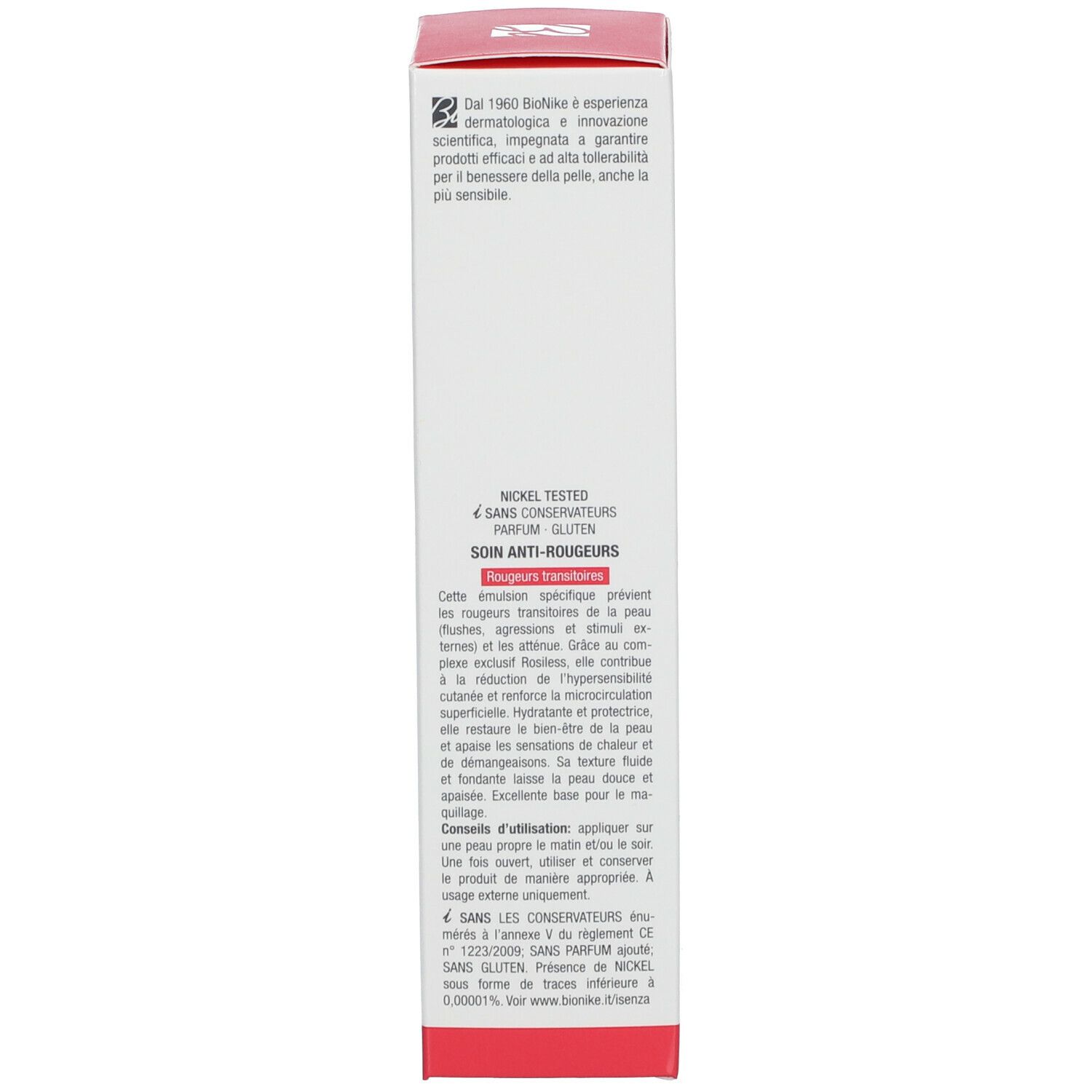 Verpackung. Text: Anti-Rötungen Behandlung. Marke: BioNike. Nickel Tested. Ohne Konservierungsstoffe, Parfum, Gluten.