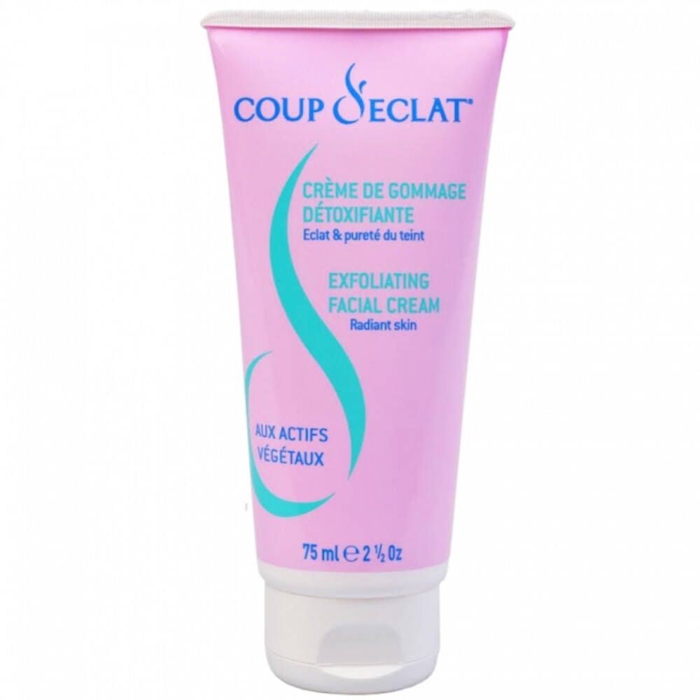Tube rose avec bouchon blanc. Inscription: COUP D'ECLAT®, Crème de gommage, Exfoliating Facial Cream. 75 ml.