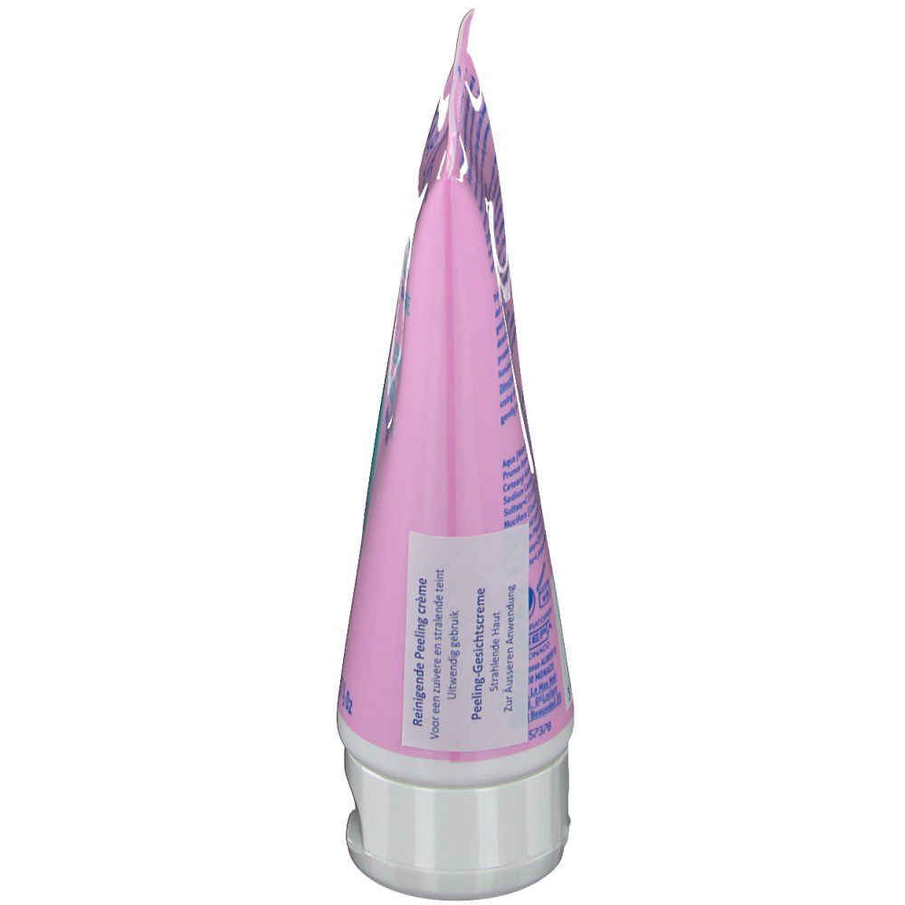 Vue latérale du tube rose avec bouchon blanc. Inscription: Peeling crème, 75 ml.