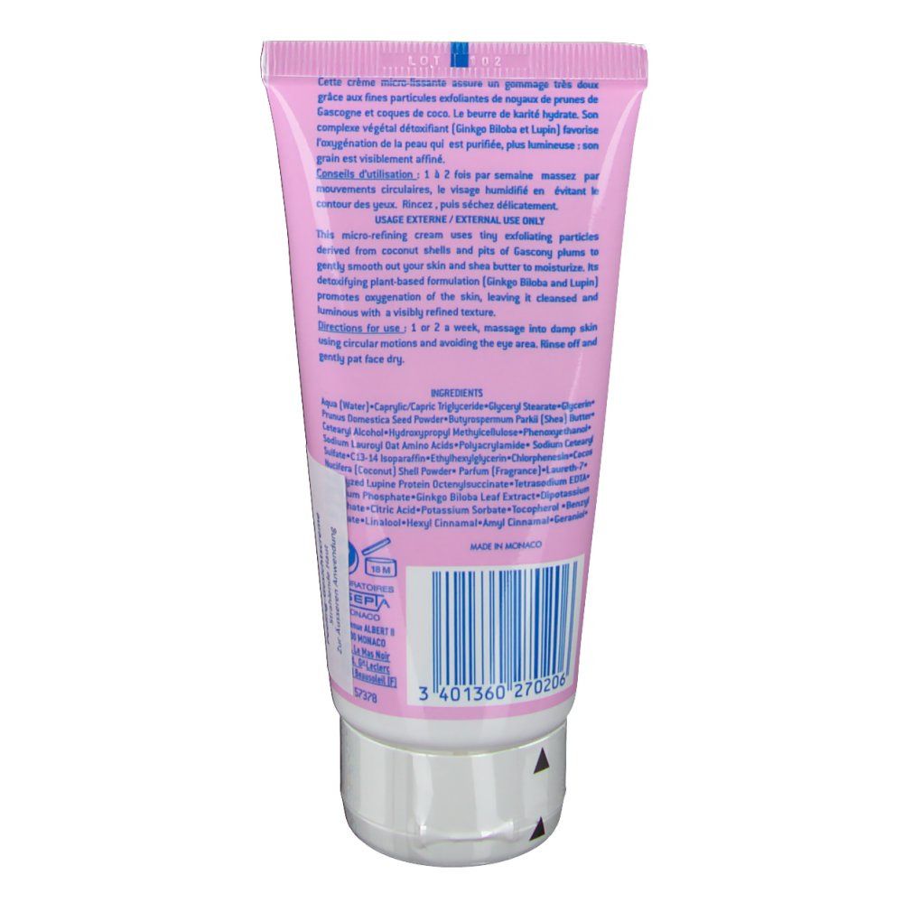 Dos du tube rose avec bouchon blanc. Texte: Ingrédients, mode d'emploi, code-barres.