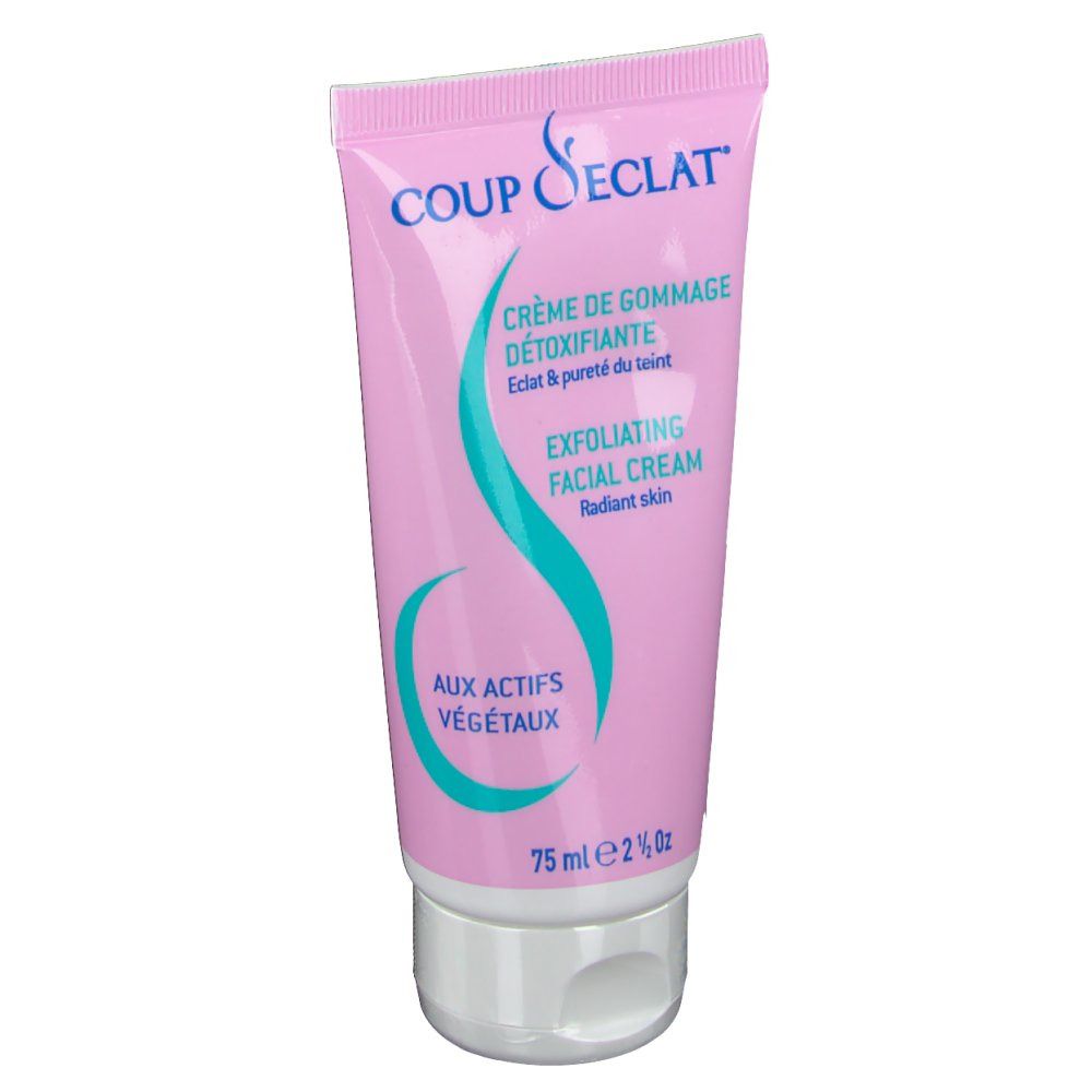 Tube rose avec bouchon blanc. Inscription: COUP D'ECLAT®, Crème de gommage, Exfoliating Facial Cream. 75 ml.
