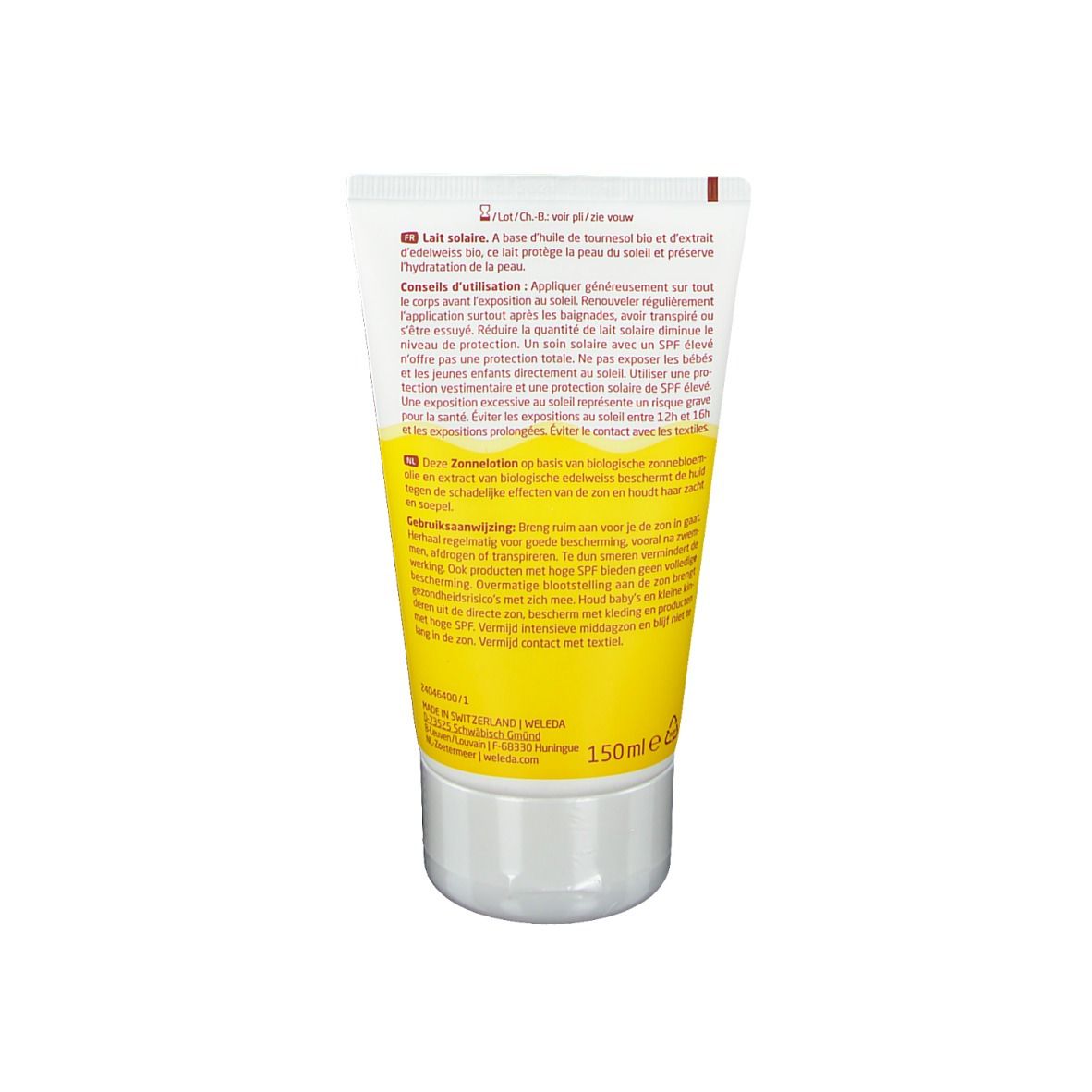 Tube de crème solaire, dos. Texte en allemand, français, néerlandais. Contient de l'huile de tournesol et extrait d'edelweiss. 150ml.