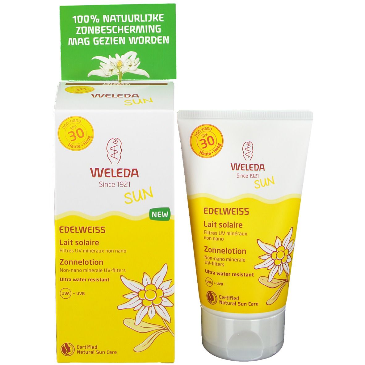 Weleda Edelweiss Lait solaire SPF 30, tube et emballage. Design blanc-jaune, fleur d'edelweiss, inscription 'SUN'.