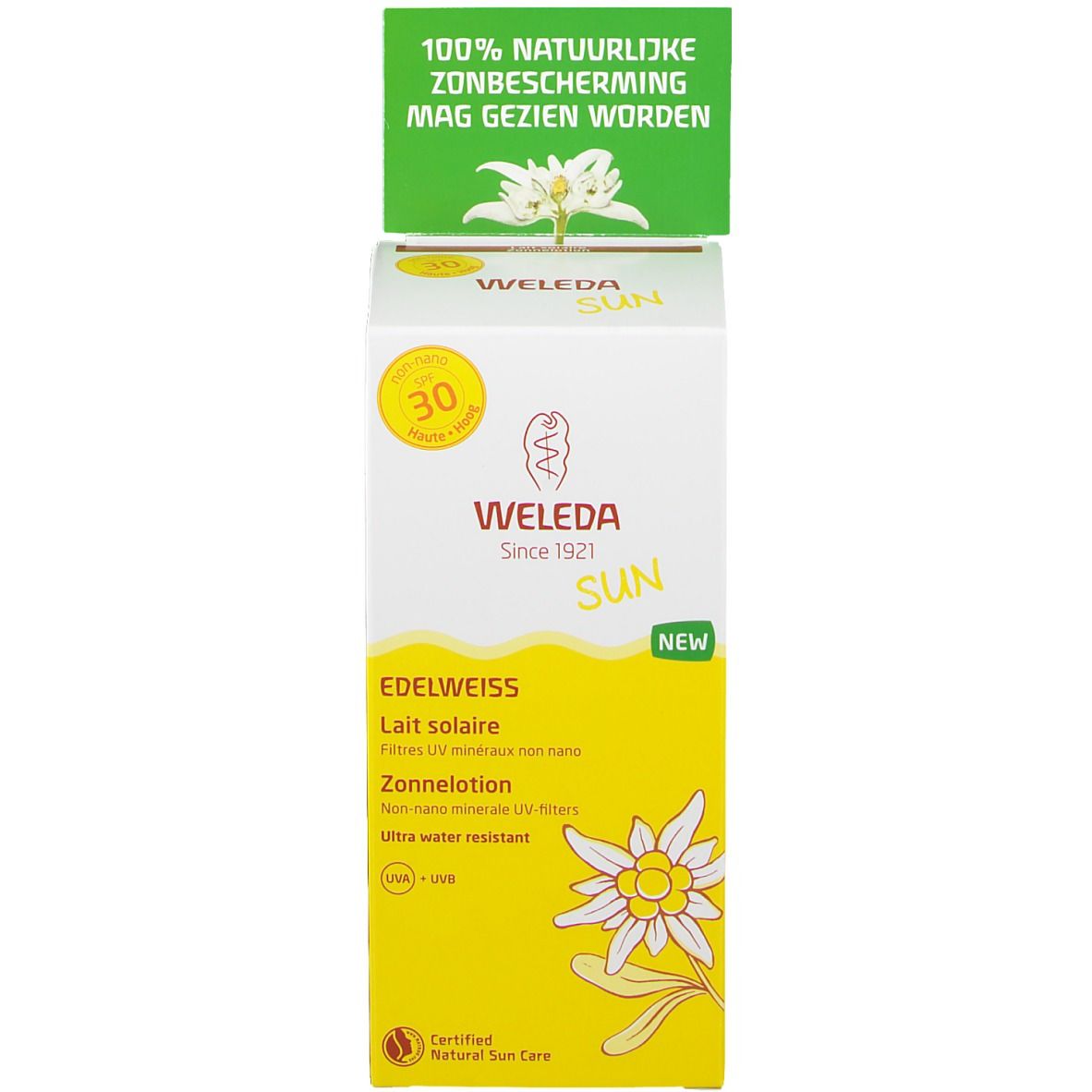 Emballage Weleda Edelweiss Lait solaire SPF 30. Design blanc-jaune, fleur d'edelweiss, inscription 'SUN'.