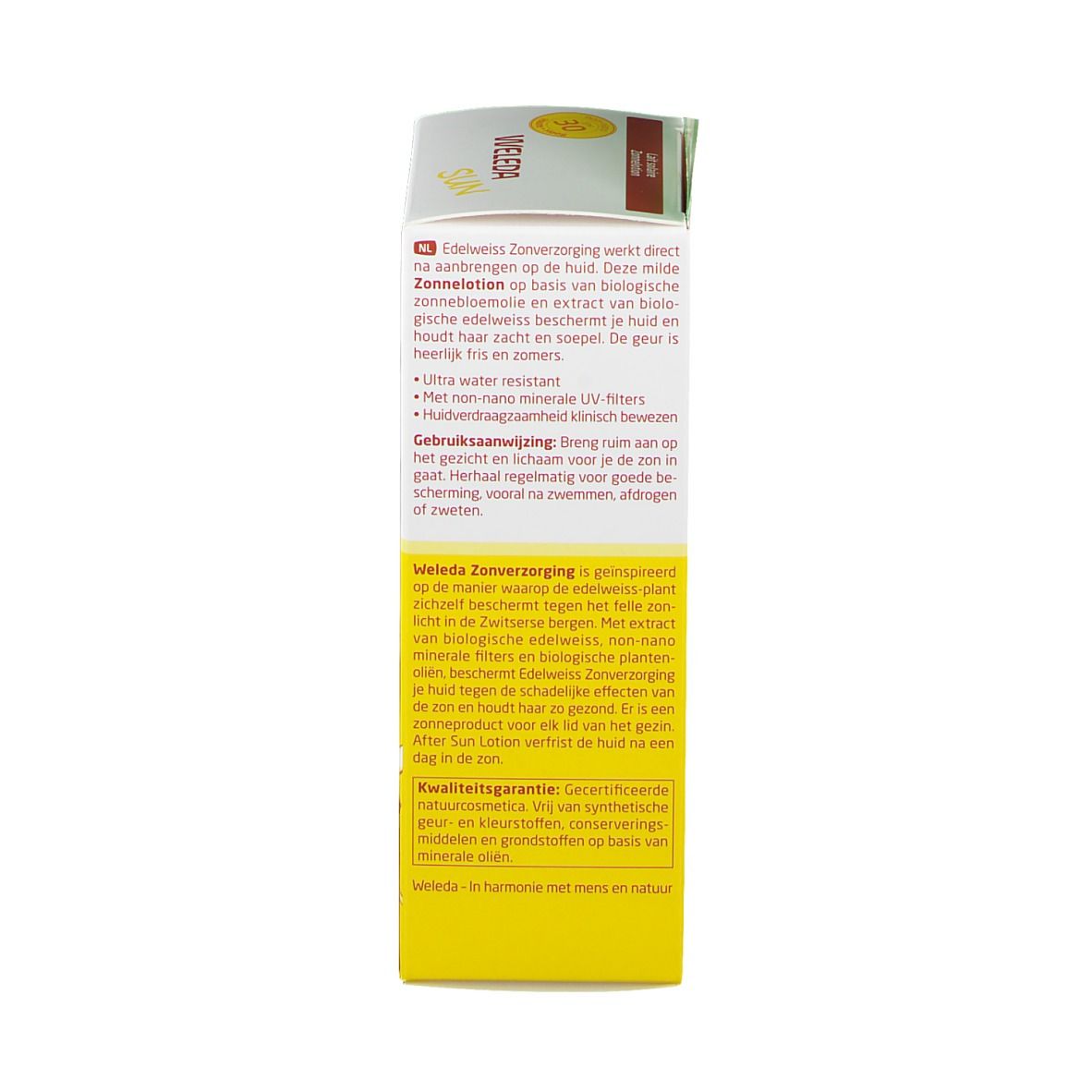 Emballage Weleda Edelweiss Lait solaire, dos. Texte en allemand et néerlandais. Ingrédients, mode d'emploi.