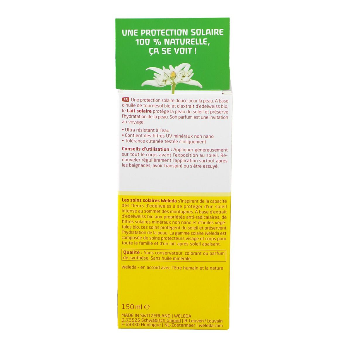 Tube Weleda Edelweiss Lait solaire, dos. Texte en français. Contient de l'huile de tournesol et extrait d'edelweiss. 150ml.