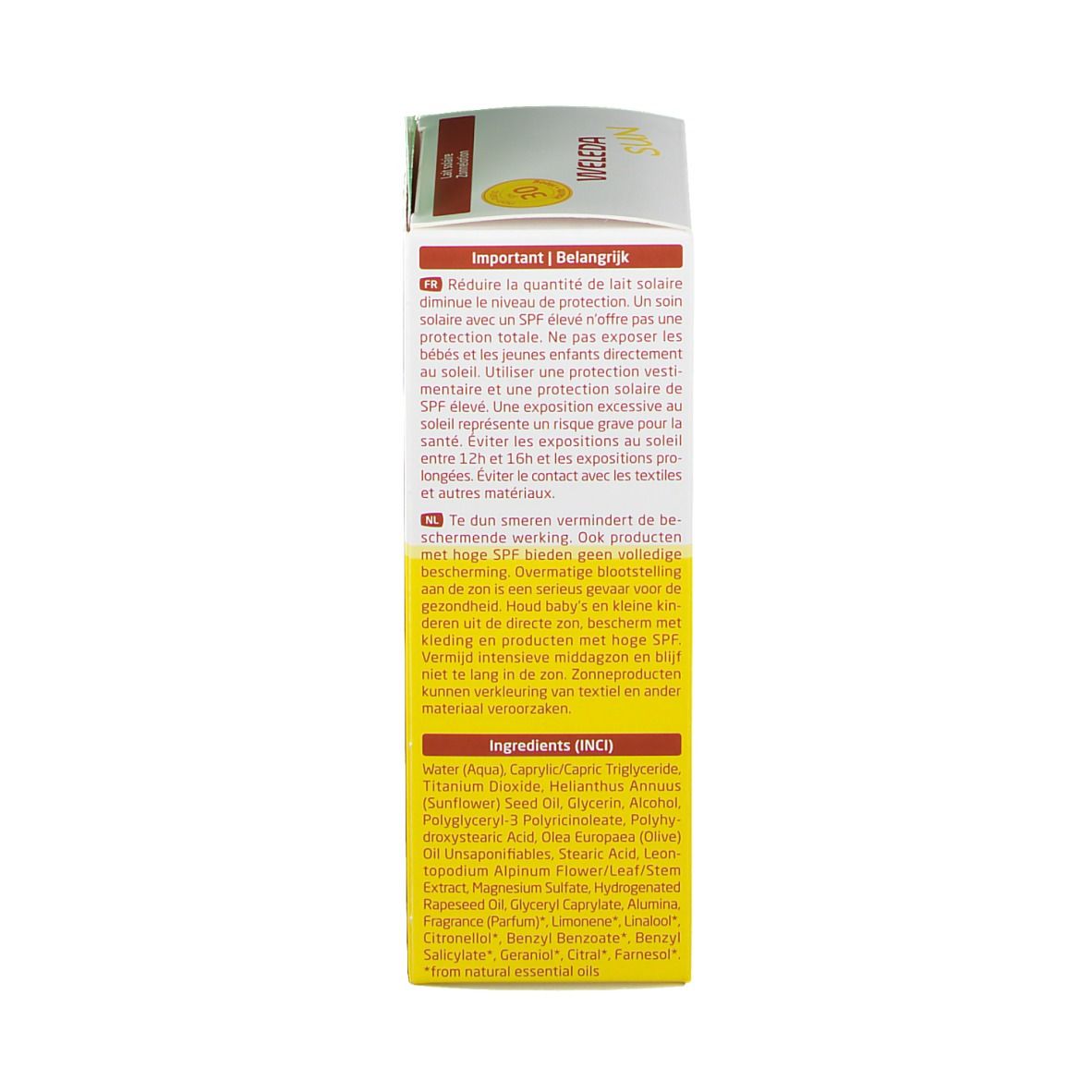 Emballage Weleda Edelweiss Lait solaire, dessus. Texte en allemand. Contient ingrédients et informations importantes.