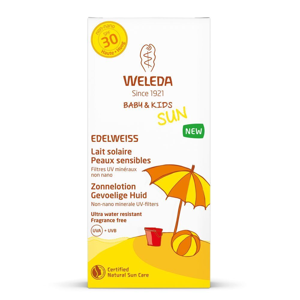 Karton mit gelb-orangem Design. Text: Edelweiss, Lait solaire, Zonne lotion. Sonnenschutzfaktor 30. Zertifiziertes Naturkosmetik-Siegel. Neu-Label.