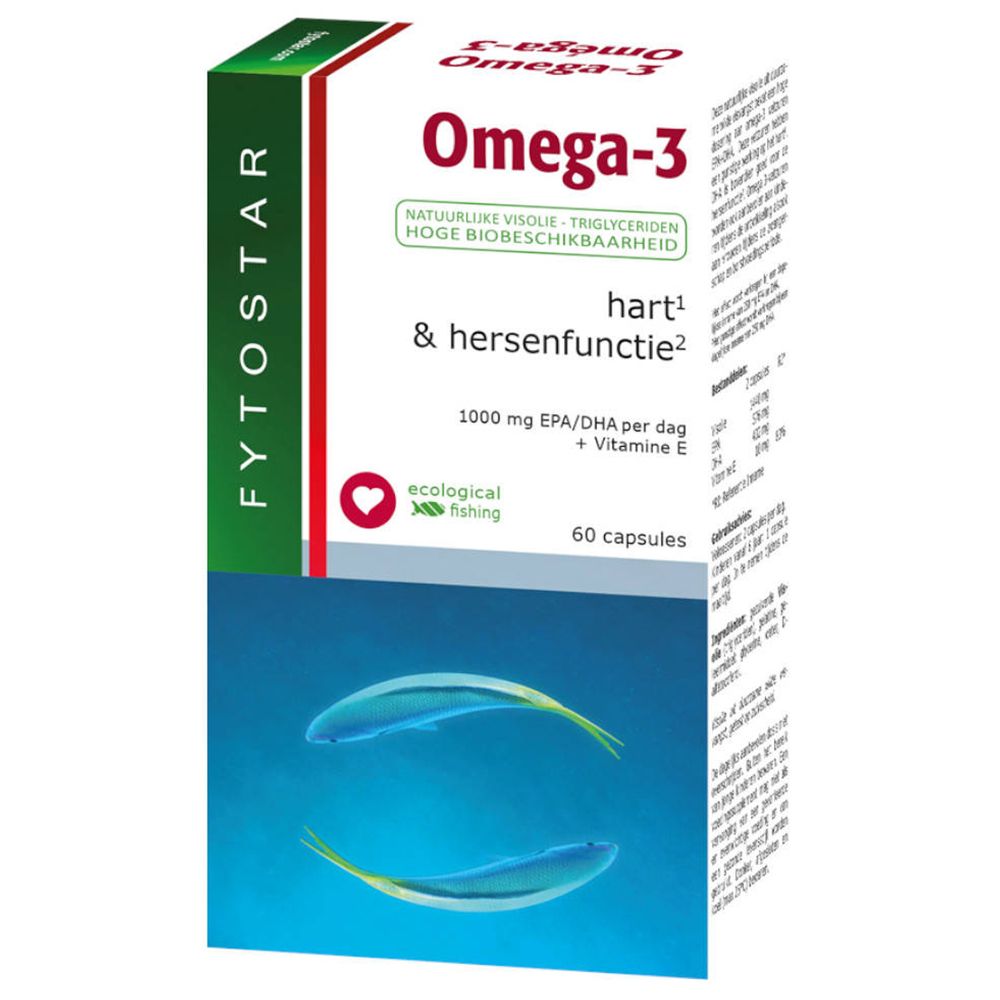 Doosje met Omega-3 capsules. Opschrift: Omega-3, Fytostar, 60 capsules. Bevat EPA/DHA en vitamine E. Afbeelding van twee vissen.