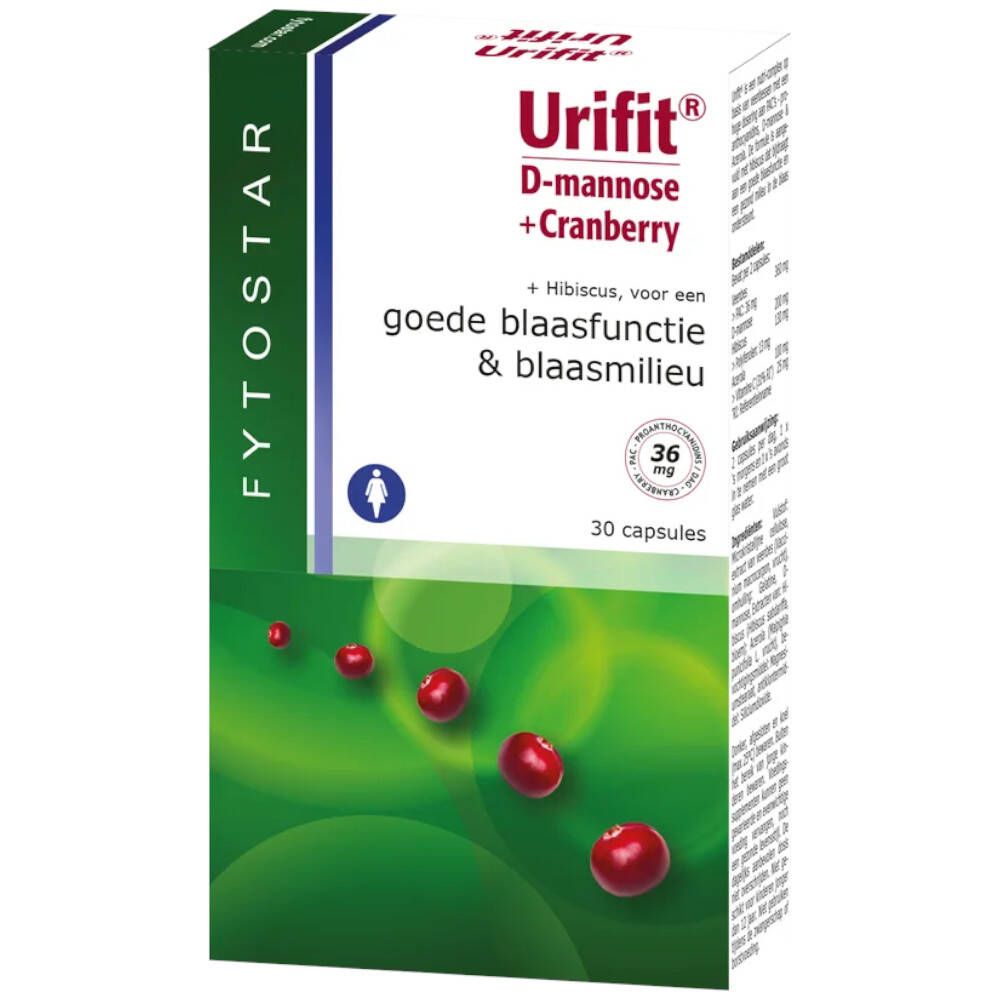 Verpackung mit FYTOSTAR Urifit®. Aufschrift: D-Mannose + Cranberry. 30 Kapseln. Cranberry-Abbildung.