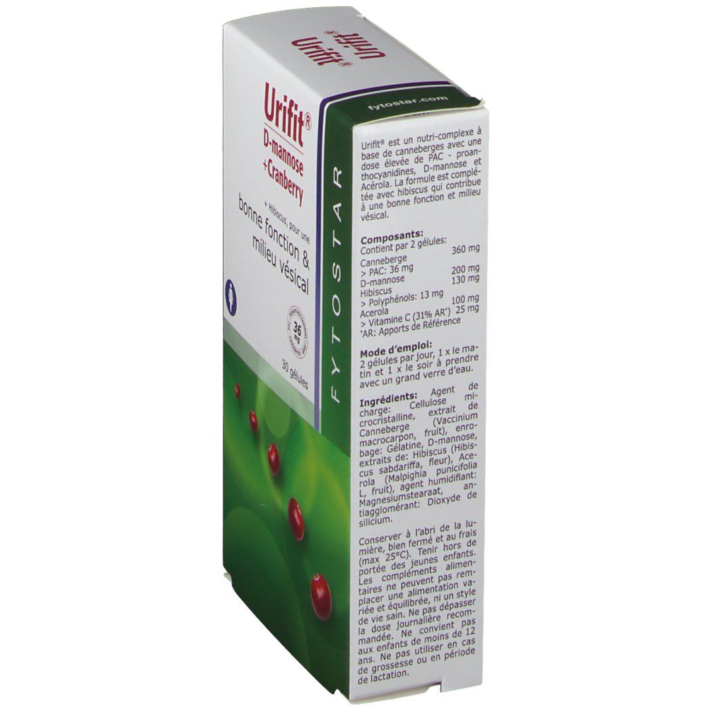 Seitenansicht der Verpackung von FYTOSTAR Urifit®. Text mit Inhaltsstoffen und Anwendungshinweisen. Cranberry-Abbildung.