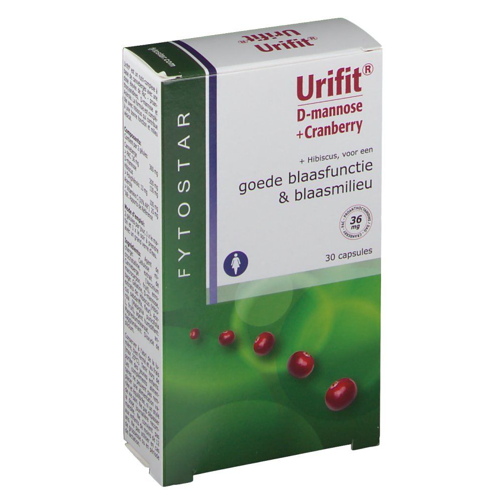 Verpackung von FYTOSTAR Urifit®. Aufschrift: D-Mannose + Cranberry. 30 Kapseln. Cranberry-Abbildung.
