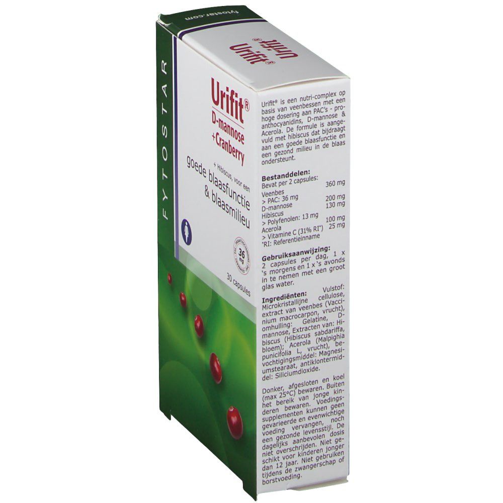 Seitenansicht der Verpackung von FYTOSTAR Urifit®. Text mit Inhaltsstoffen und Anwendungshinweisen. Cranberry-Abbildung.