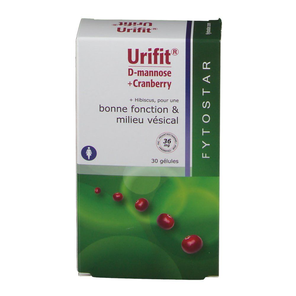 Verpackung von FYTOSTAR Urifit®. Aufschrift: D-Mannose + Cranberry. 30 Kapseln. Cranberry-Abbildung.