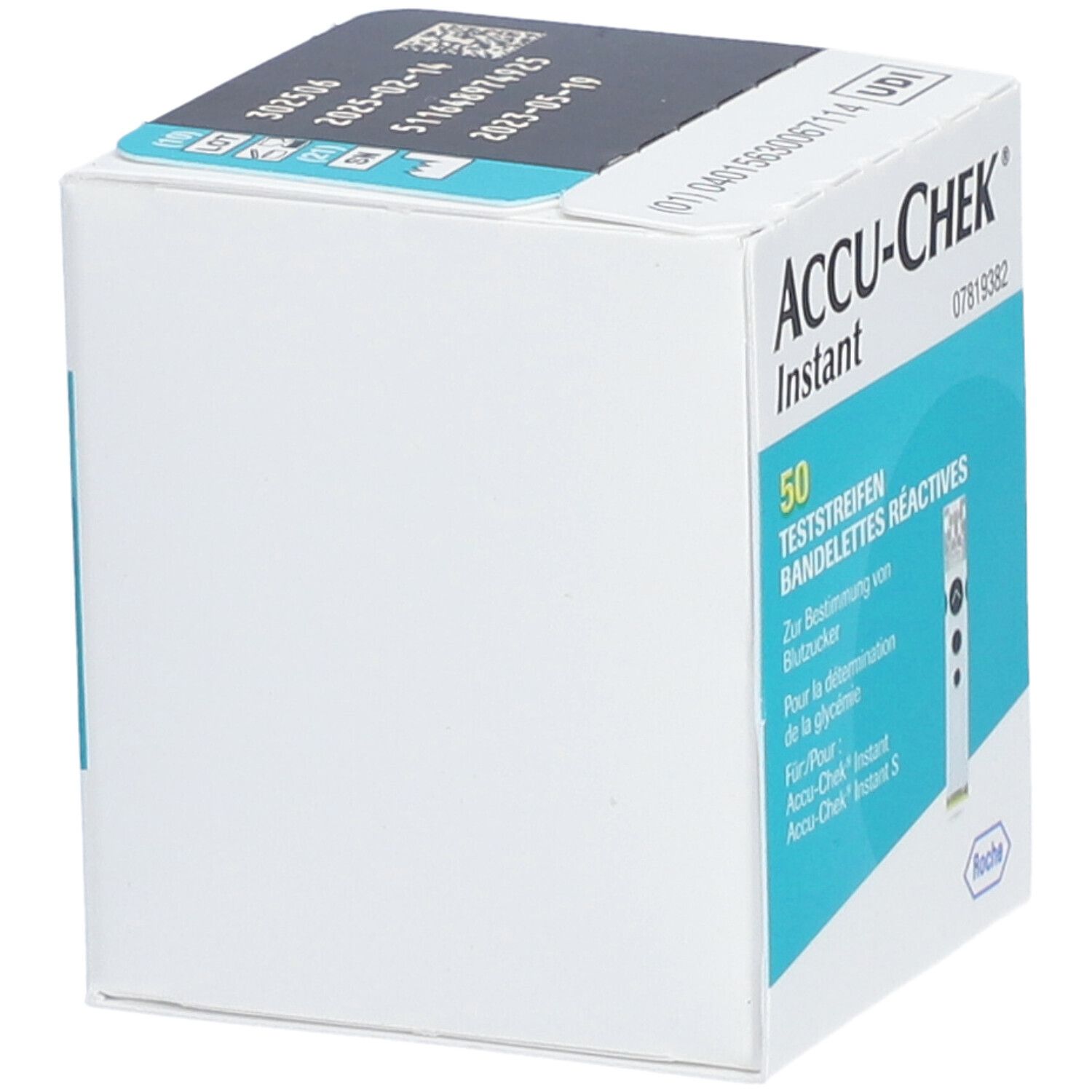 Boîte de bandelettes Accu-Chek Instant. Contient 50 bandelettes. Inscriptions en allemand et français. Logo Roche.