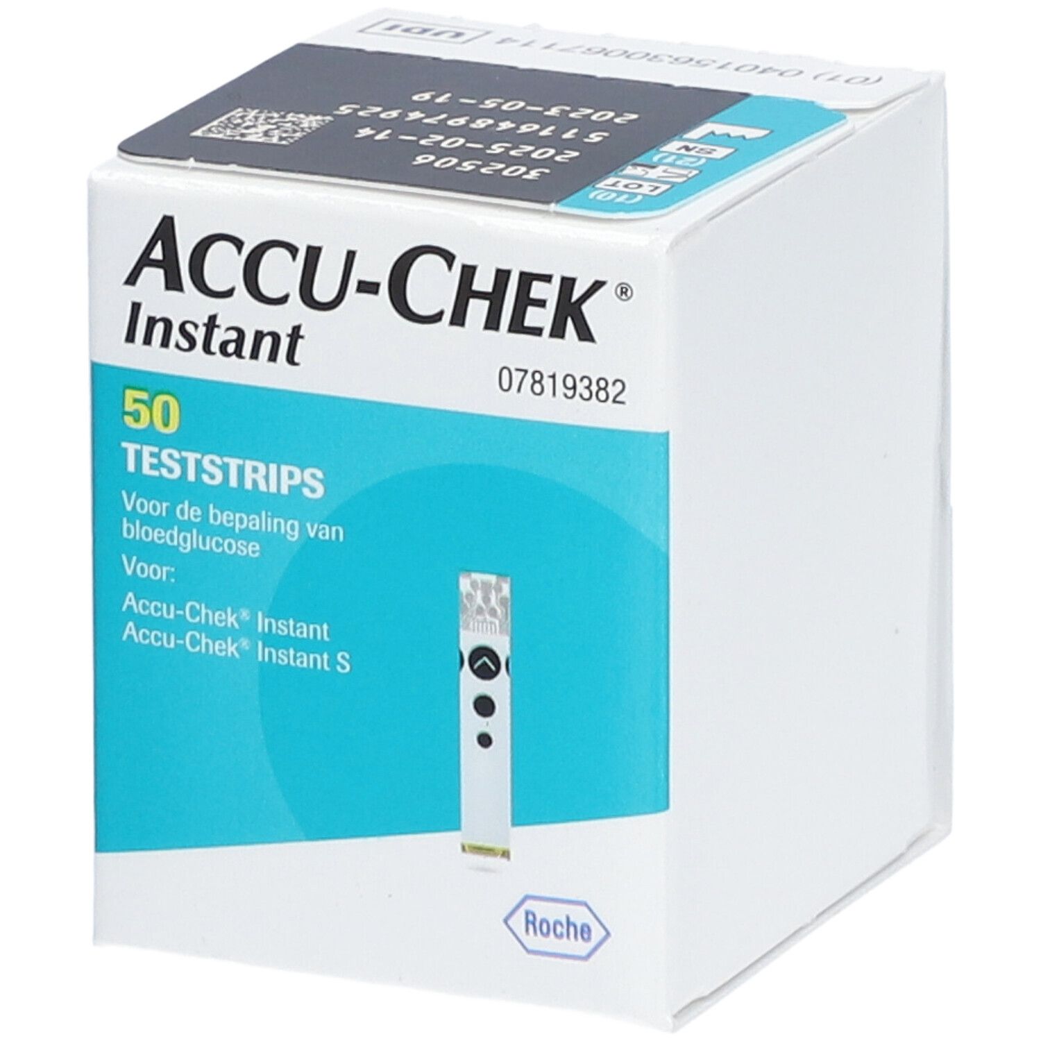 Boîte de bandelettes Accu-Chek Instant. Contient 50 bandelettes. Inscriptions en allemand et néerlandais. Logo Roche.