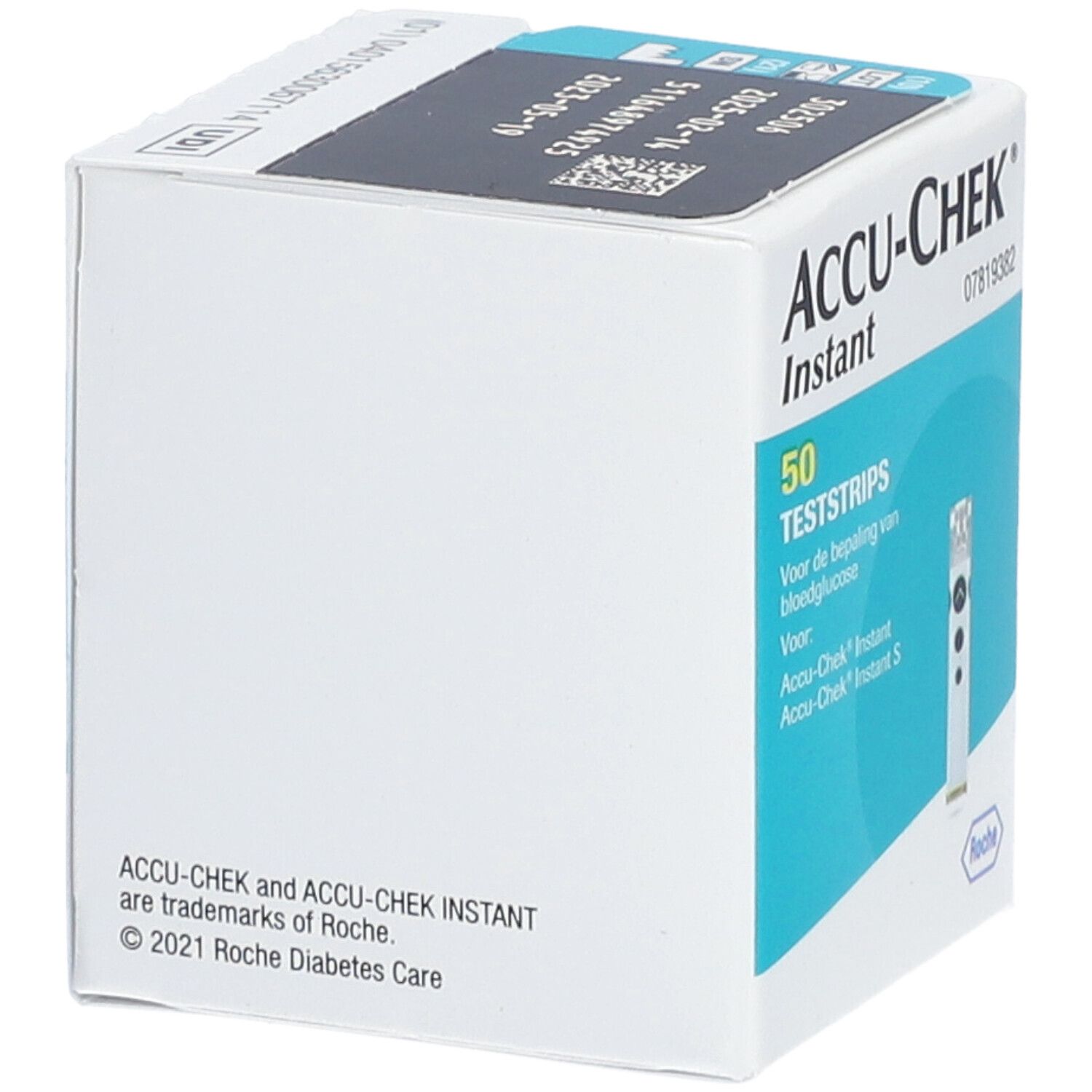 Boîte de bandelettes Accu-Chek Instant. Contient 50 bandelettes. Inscriptions en allemand et néerlandais. Logo Roche.