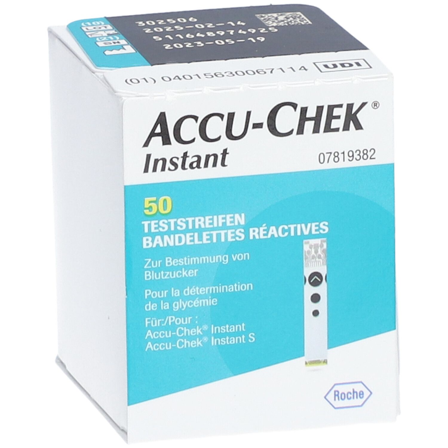 Boîte de bandelettes Accu-Chek Instant. Contient 50 bandelettes. Inscriptions en allemand et français. Logo Roche.