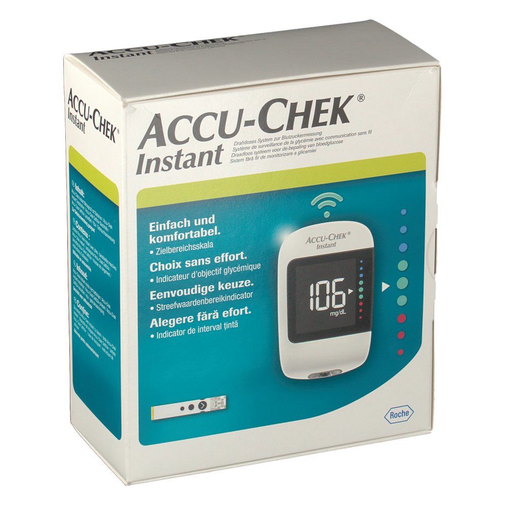 Verpakking van de Accu-Chek Instant kit. Op de voorkant een bloedglucosemeter met display.