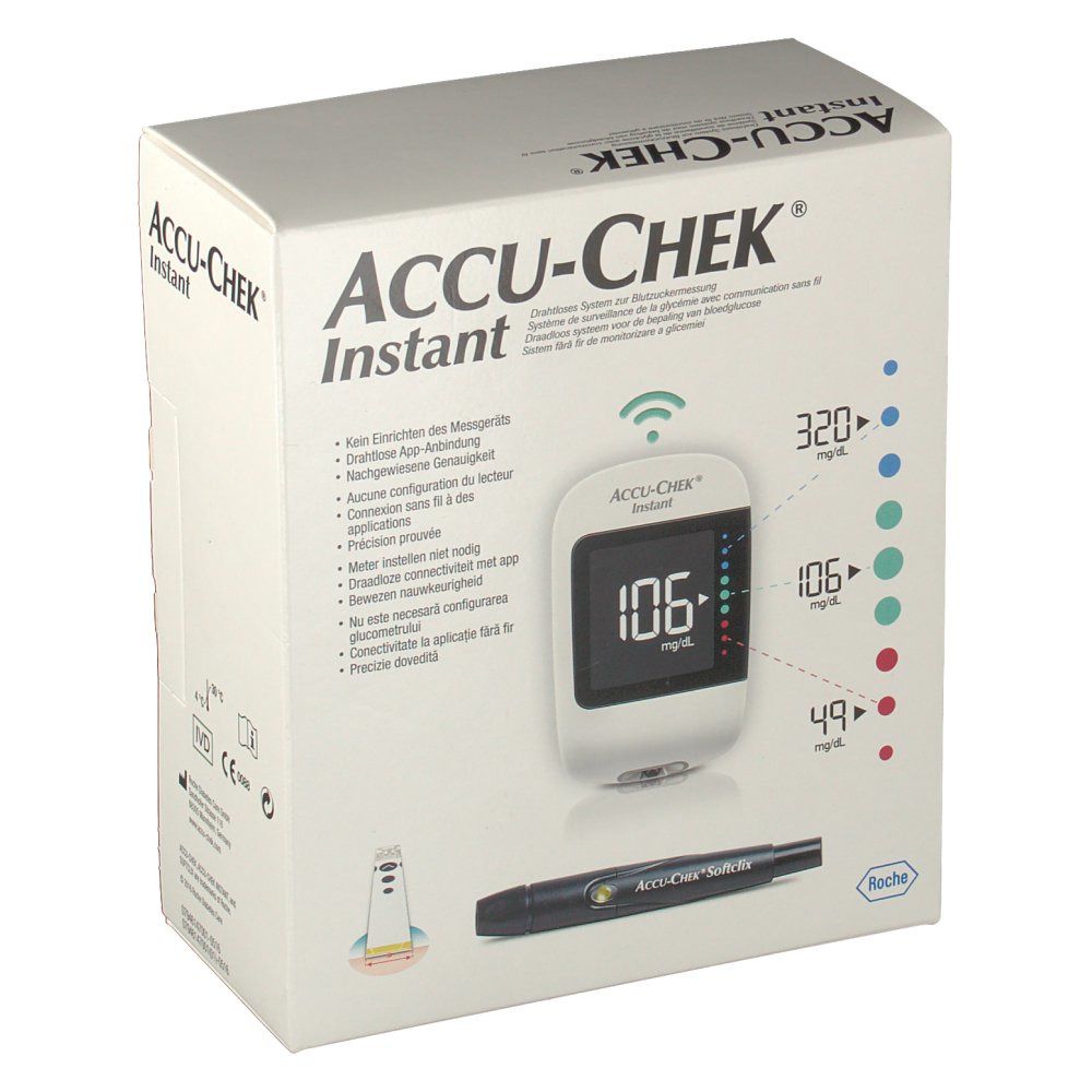 Verpakking van de Accu-Chek Instant kit. Het apparaat toont een bloedsuikerwaarde van 106 mg/dL.